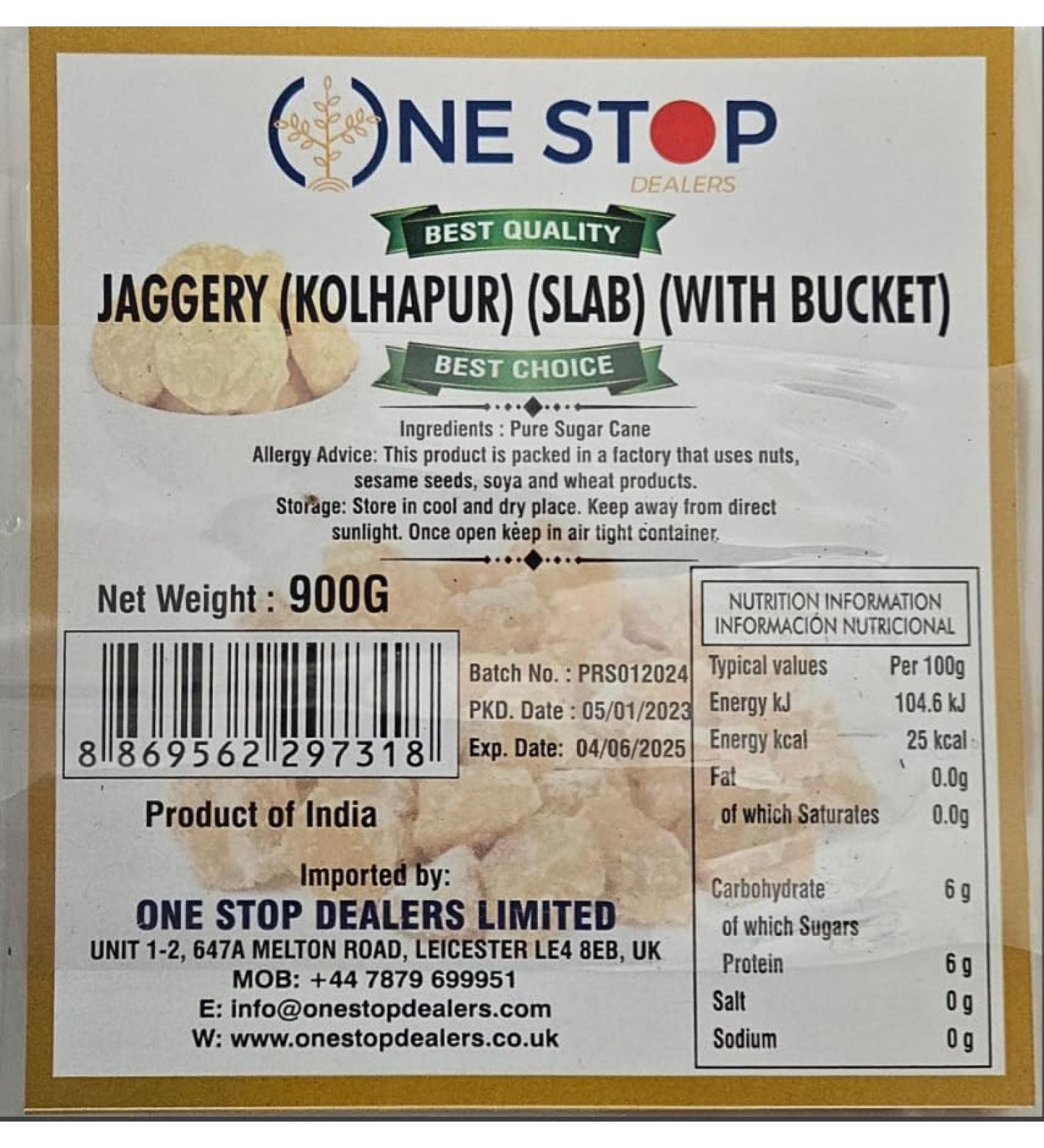 One Stop dealers Jaggery (Kolhapur) (Slab) (With Bucket) (900Gram) Pure Natural Jaggery Used In Sweet And Savoury Dishes Made From Sugar Cane (Pack of 1) 900 g (Pack of 1)
