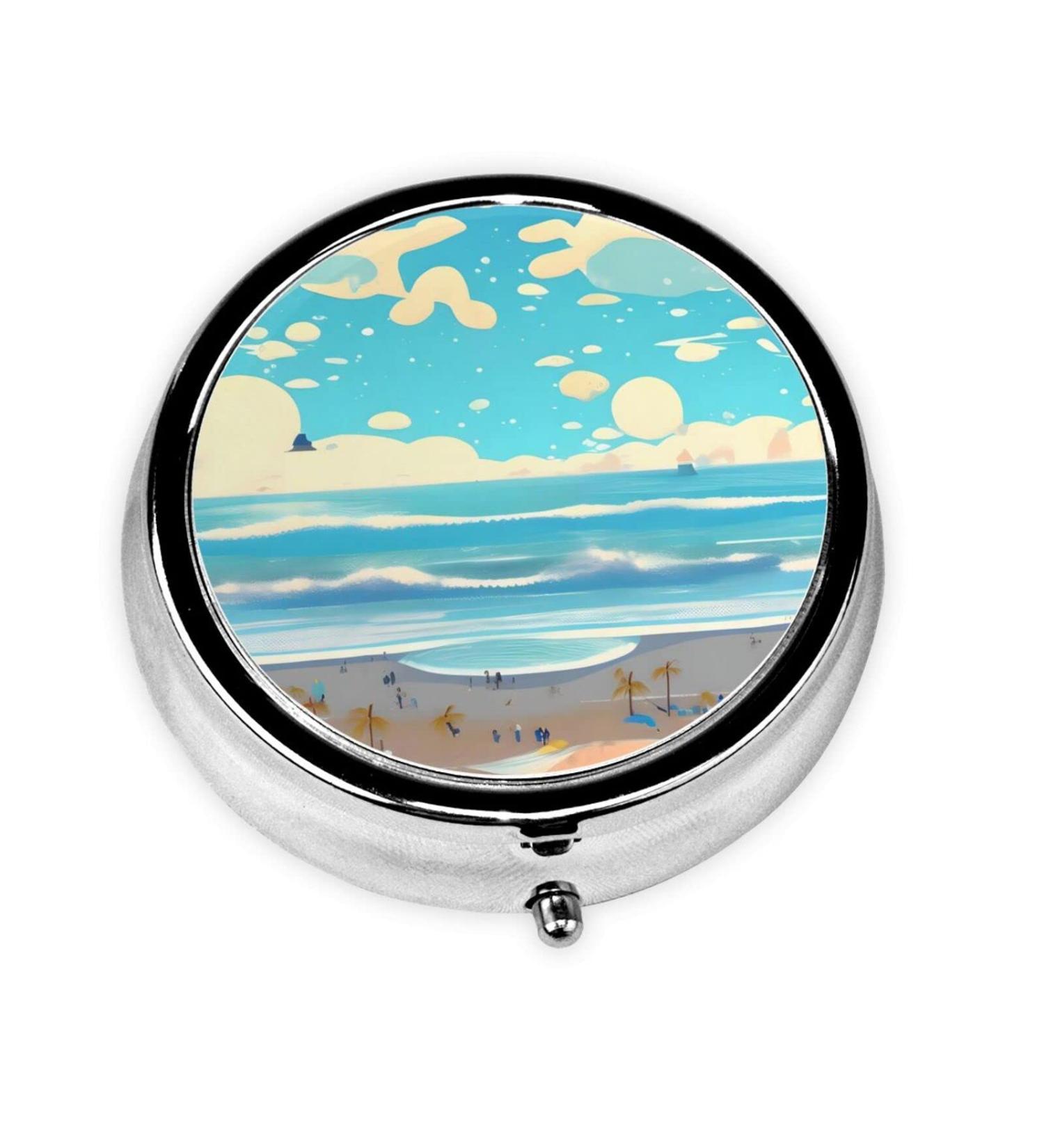 Beach Cartoon Round Pill Box - 3 Compartment Portable Travel Organizer for Easy Traveling - Buy Online on GoSupps.com