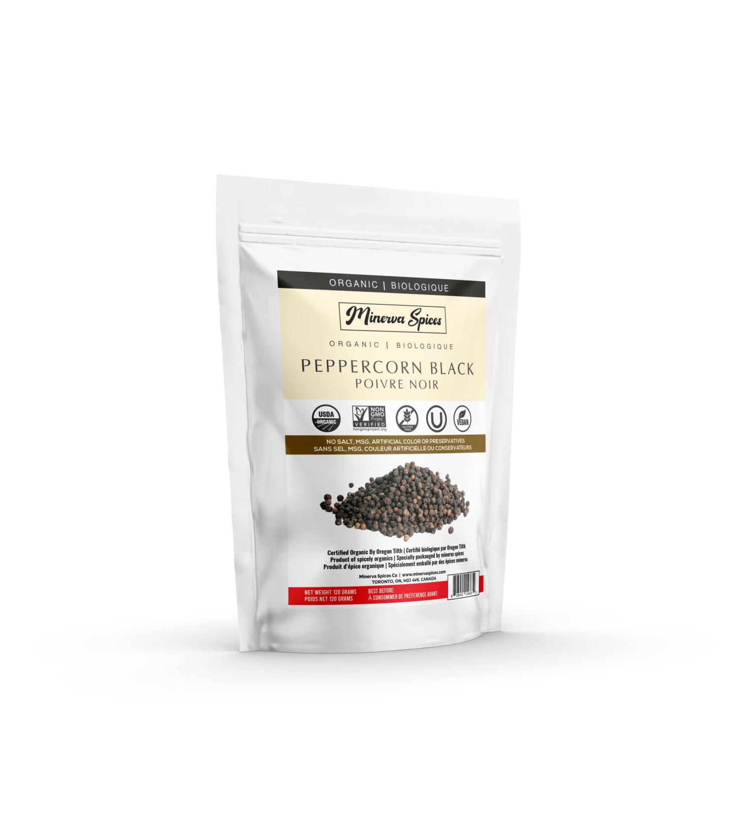 Minerva Spices Organic Peppercorn Black 4 Oz 120 grams Premium Quality 100% Pure Non-GMO Vegan Gluten-Free and Kosher Certified Black Peppercorn - Buy Online on GoSupps.com