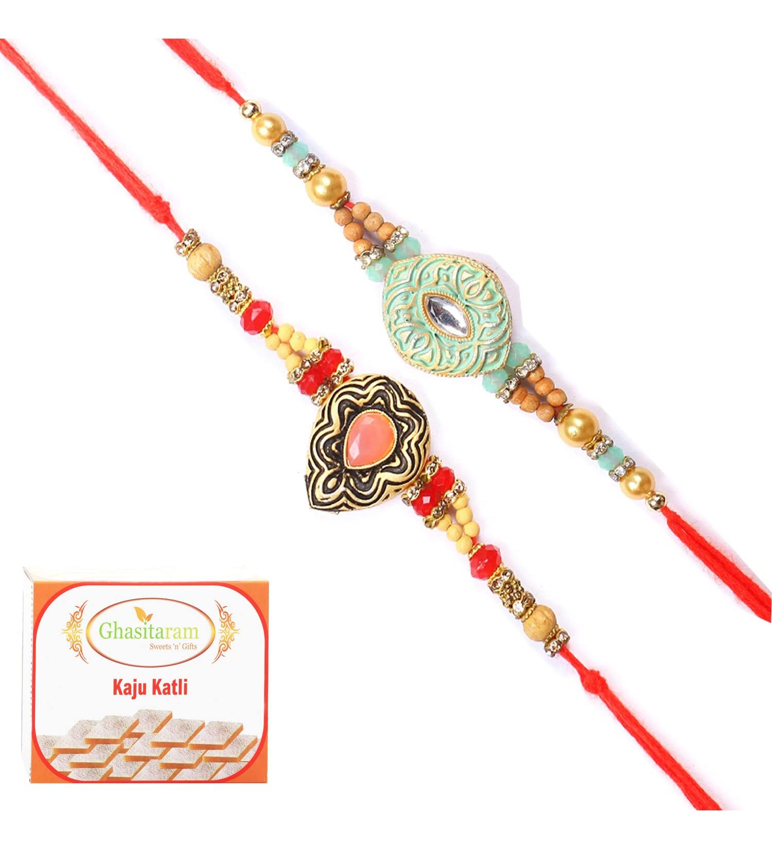 Ghasitaram Gifts Rakhi for Brother Rakhis Online - Set of 2 8469 8487 Premium Rakhis with 200 GMS of Kaju katli - Buy Online on GoSupps.com