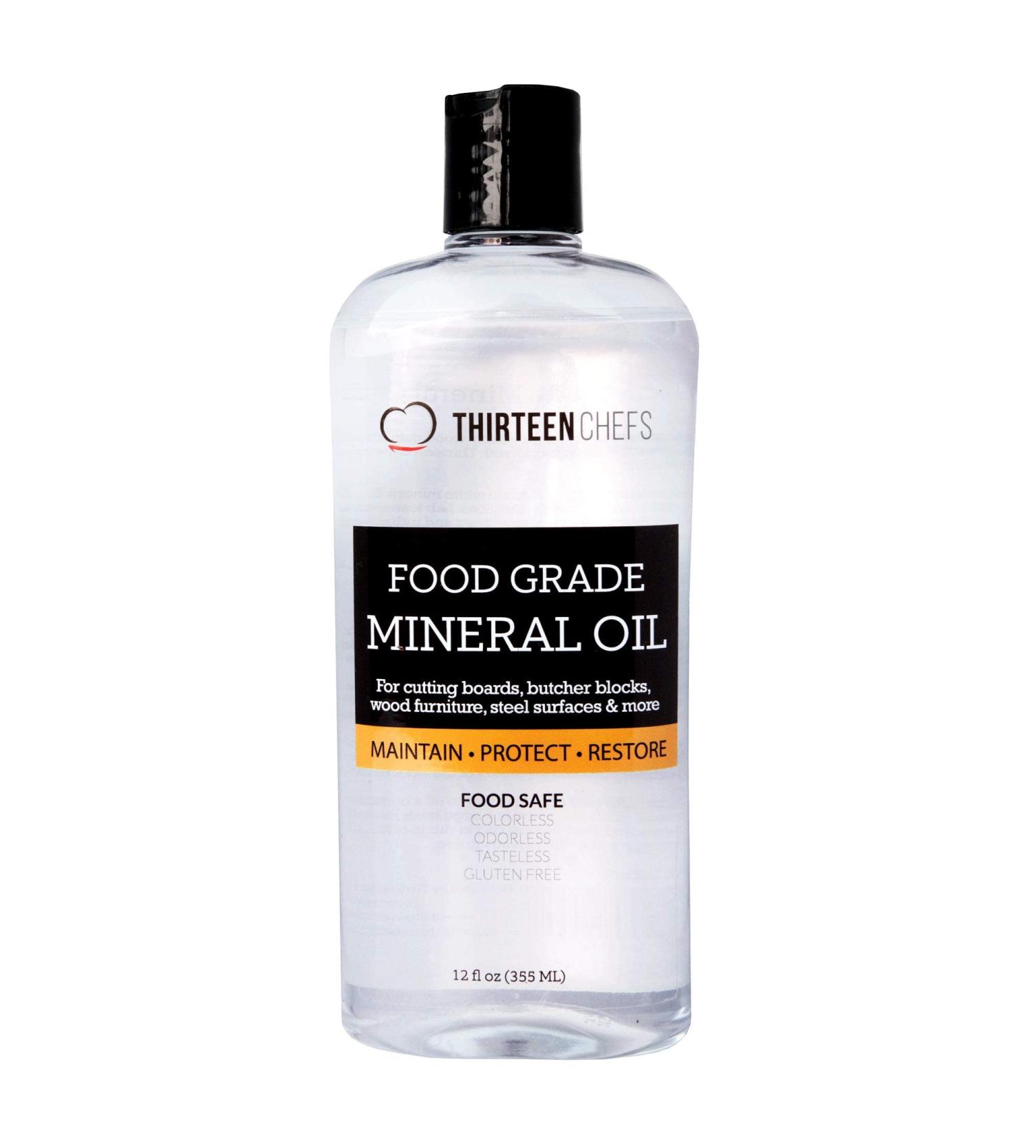 Thirteen Chefs 12oz Food Grade Mineral Oil for Wood Cutting Board and Butcher Block - Safe USP Finish for Bamboo, Marble, and Soapstone - Knife and Meat Grinder Lubricant - Buy Online on GoSupps.com