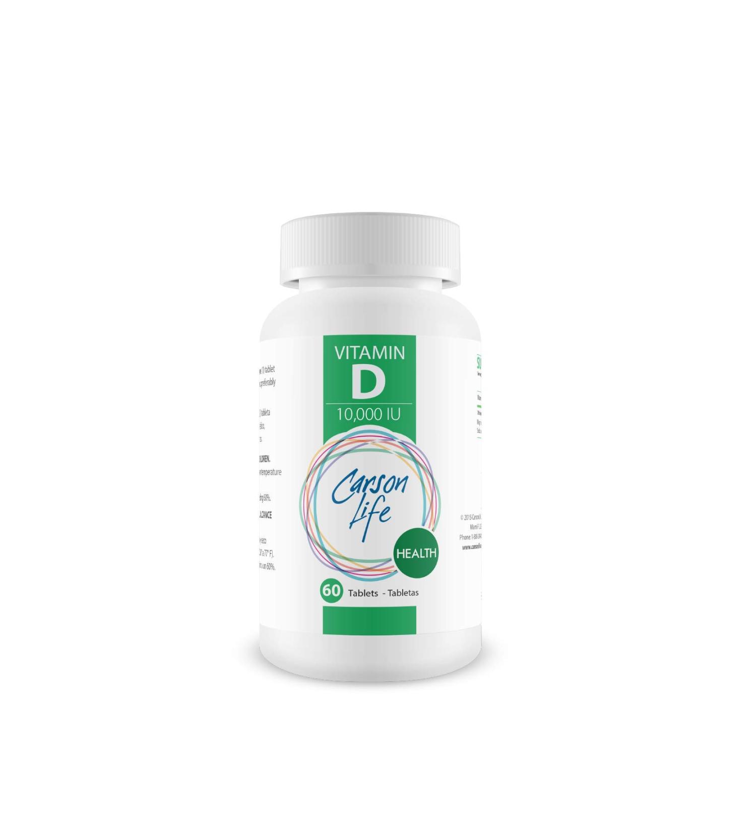Carson Life Vitamin D 10,000 IU Tablets - Excellent Supplement for Vitamin D Deficiency - Helps Strengthen Bones, Teeth and Immune System - 60 Tablets - Made in The USA 1 Count (Pack of 60) - Buy Online on GoSupps.com