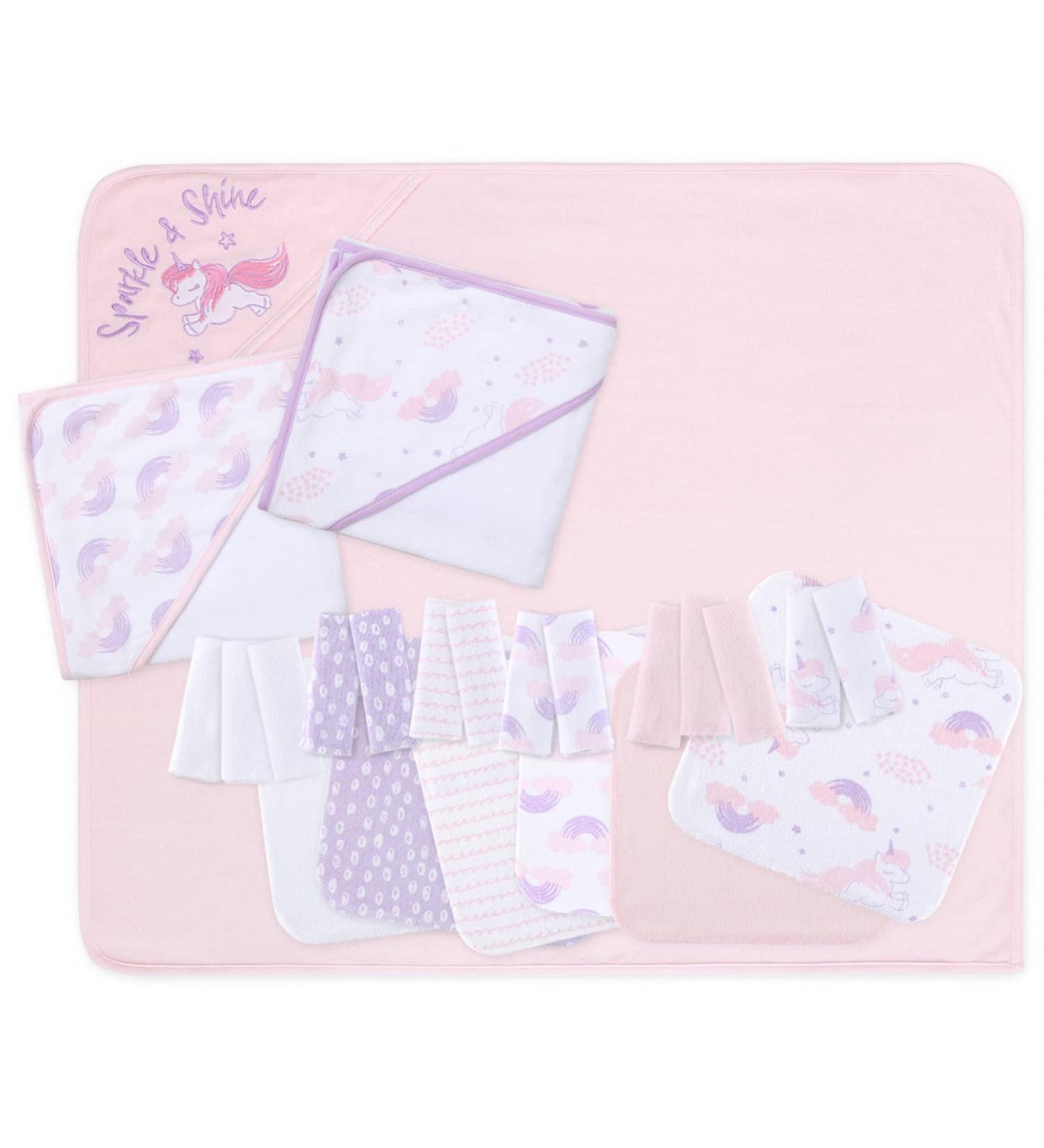 The Peanutshell Baby Bath Towel & Wash Cloth Set in Pink/Purple/White  23 Pieces  Unicorn & Rainbow - Buy Online on GoSupps.com