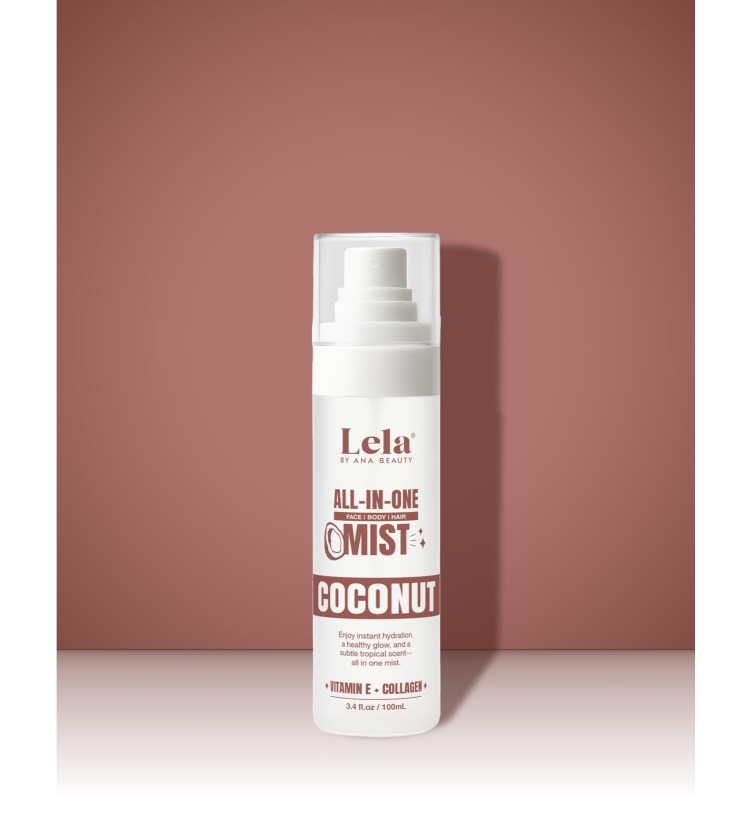Lela Beauty All In One Coconut Mist Hydrating Face Body & Hair Spray with Vitamin E & Collagen Dewy Finish Glowing Skin Tropical Coconut Scent Soothes Redness Sets Makeup 3.4 fl. oz / 100 mL