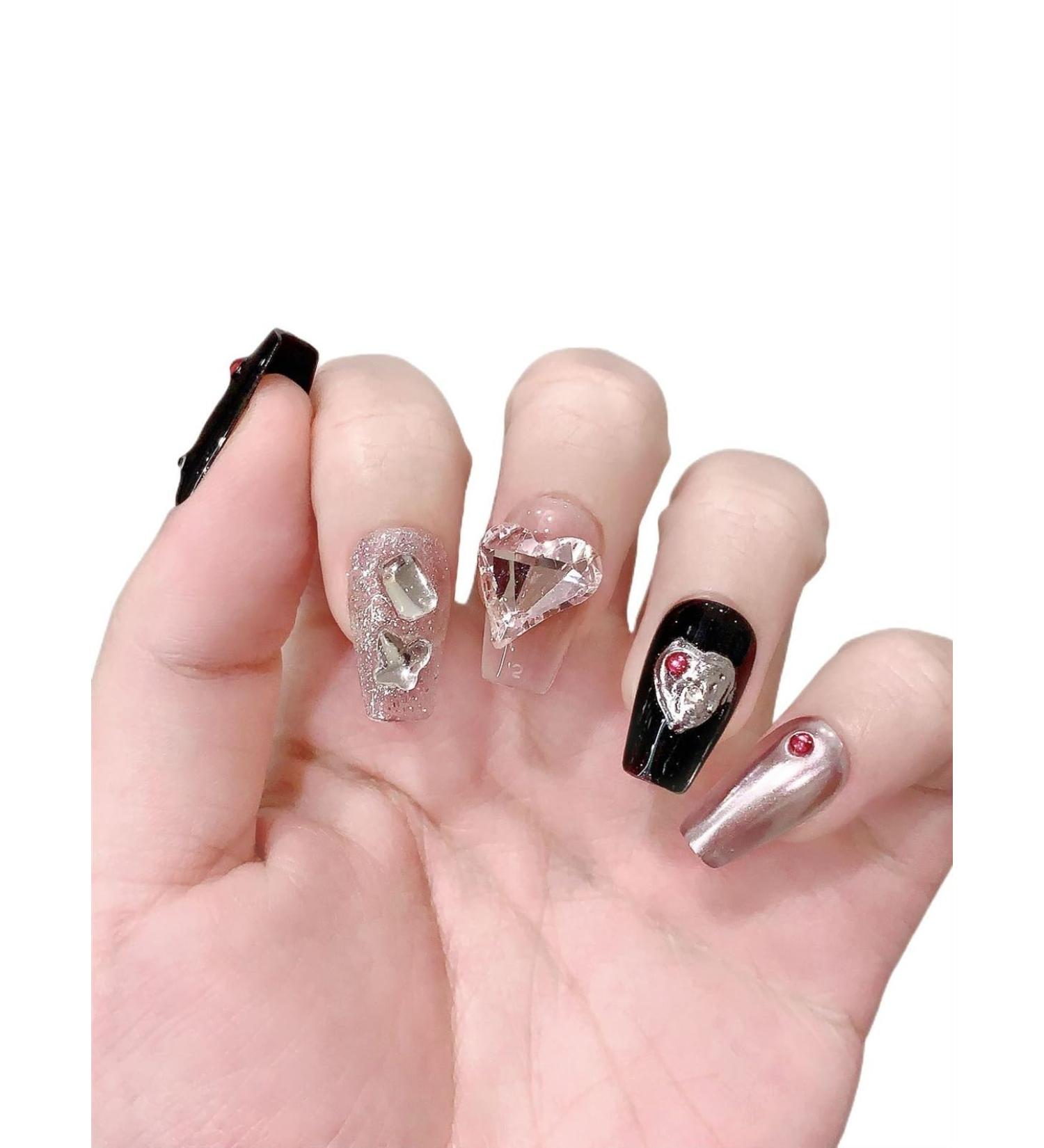 Handmade Wearing Armor Dark Pink Sweet Cool Style Nail Patch Water Diamond(Short S) - Buy Online on GoSupps.com