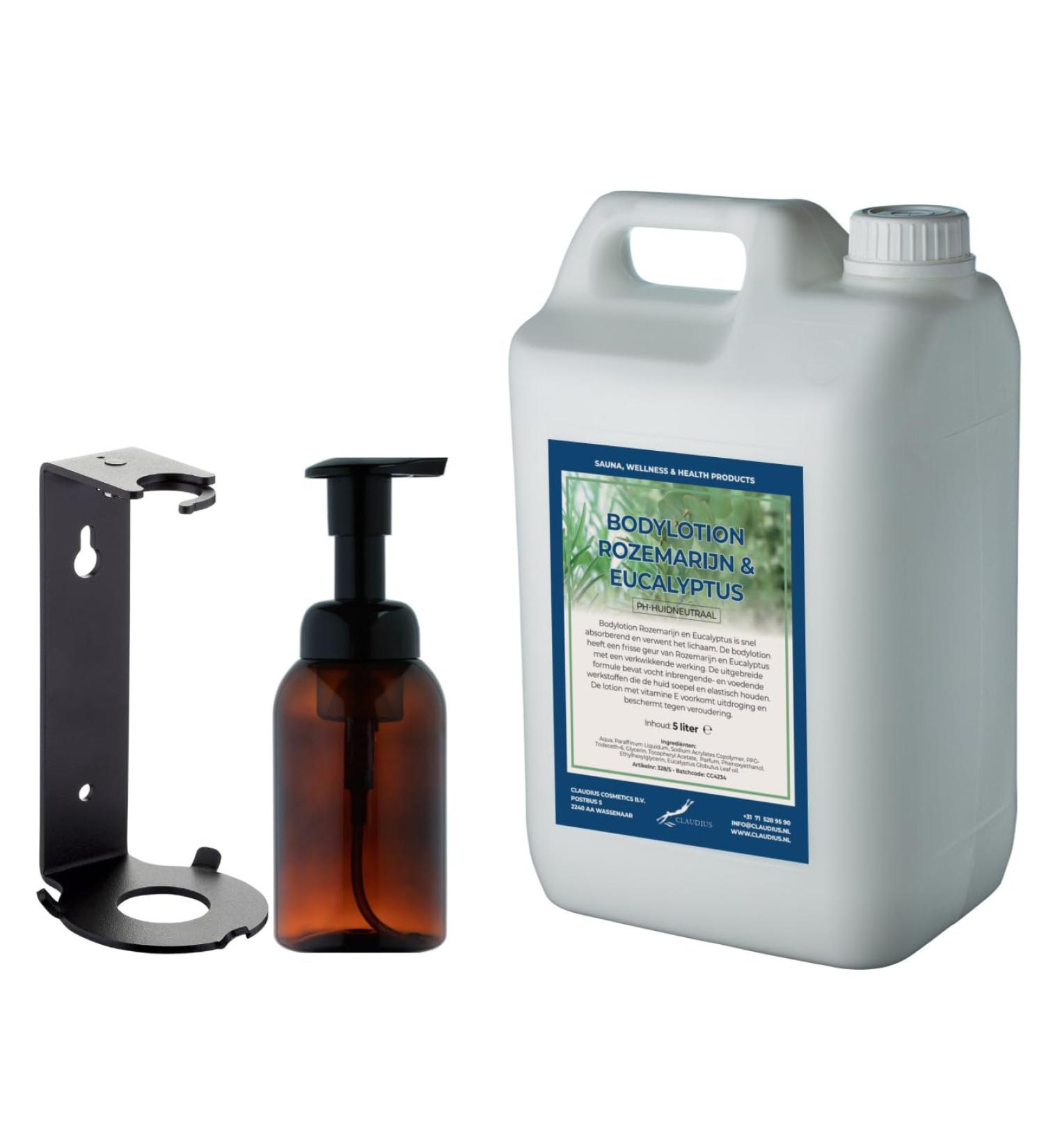 Claudius Soap dispenser 300 ml amber brown refillable + 5 liter Body Lotion Rosemary & Eucalyptus refill including bracket