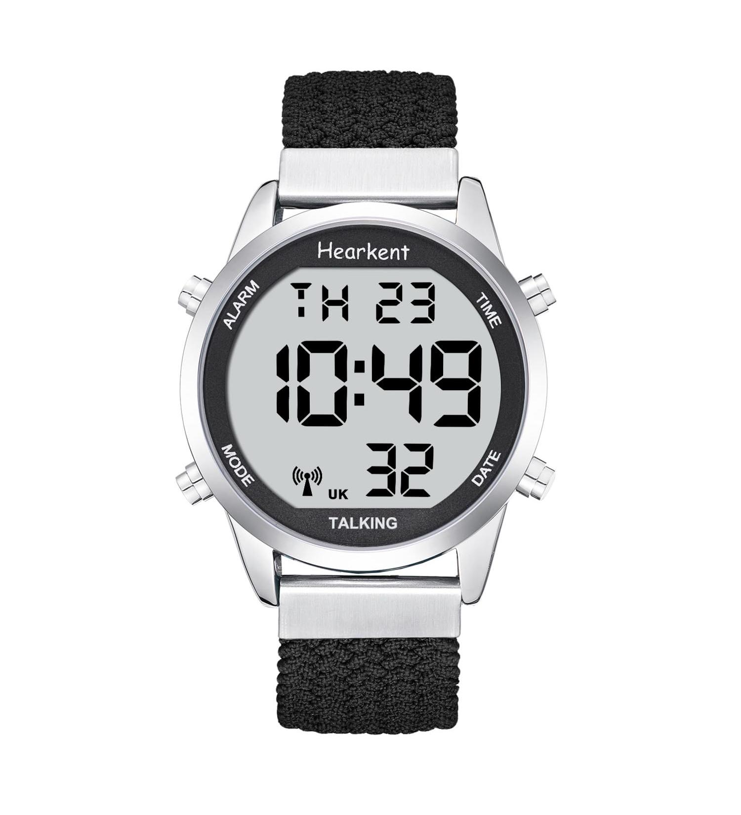 Hearkent Atomic Digital Talking Watch - British English Speaking, Radio-controlled, Big Numbers, Nylon Black - Ideal for Elderly and Visually Impaired - Buy Online on GoSupps.com