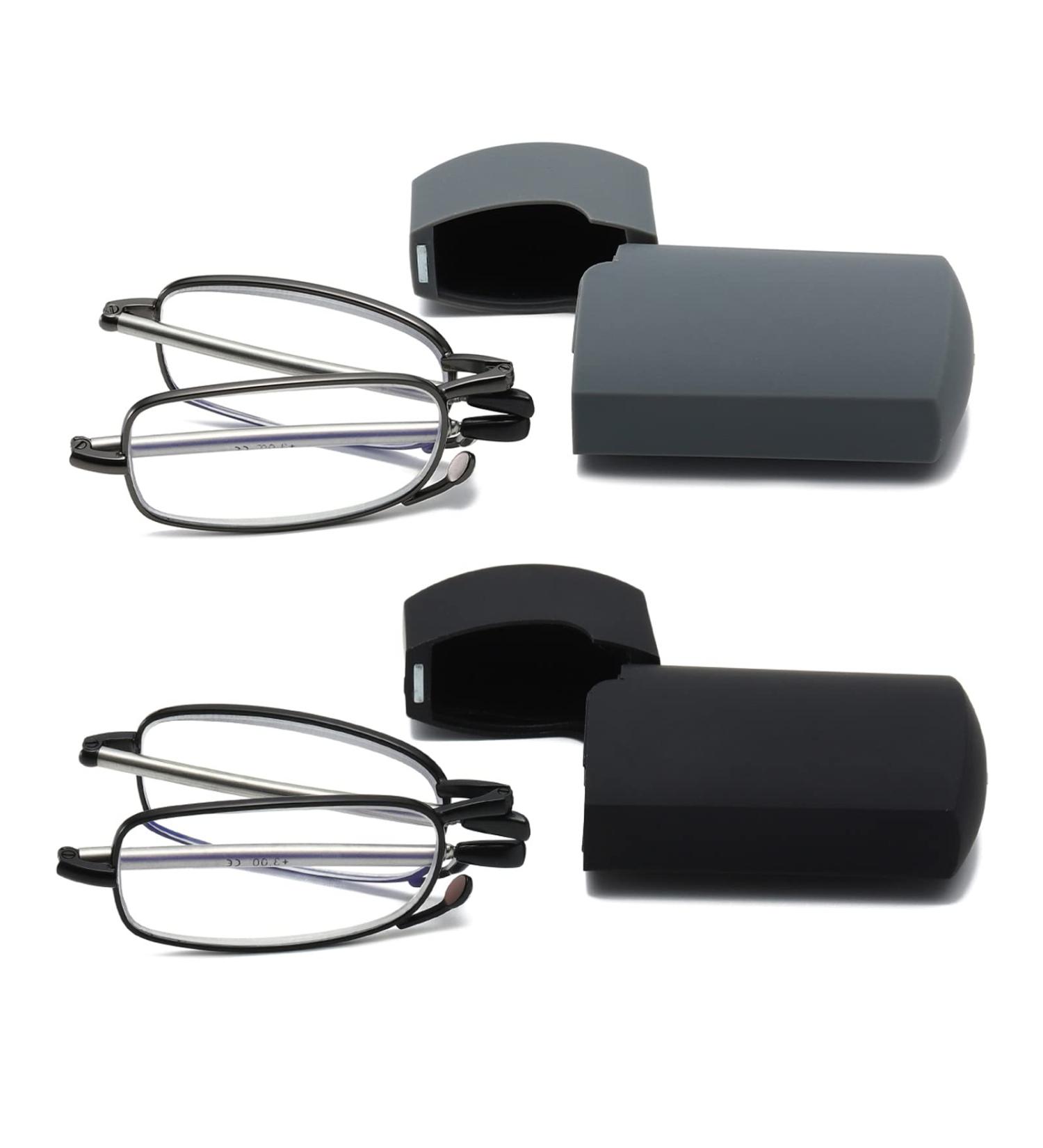 Hubeye Foldable Reading Glasses - Portable Anti-Blue Visual Aid for Men & Women - Stainless Steel Hard Shell Case 2.00 Diopters - 2 Pairs Black/Gray - Buy Online on GoSupps.com