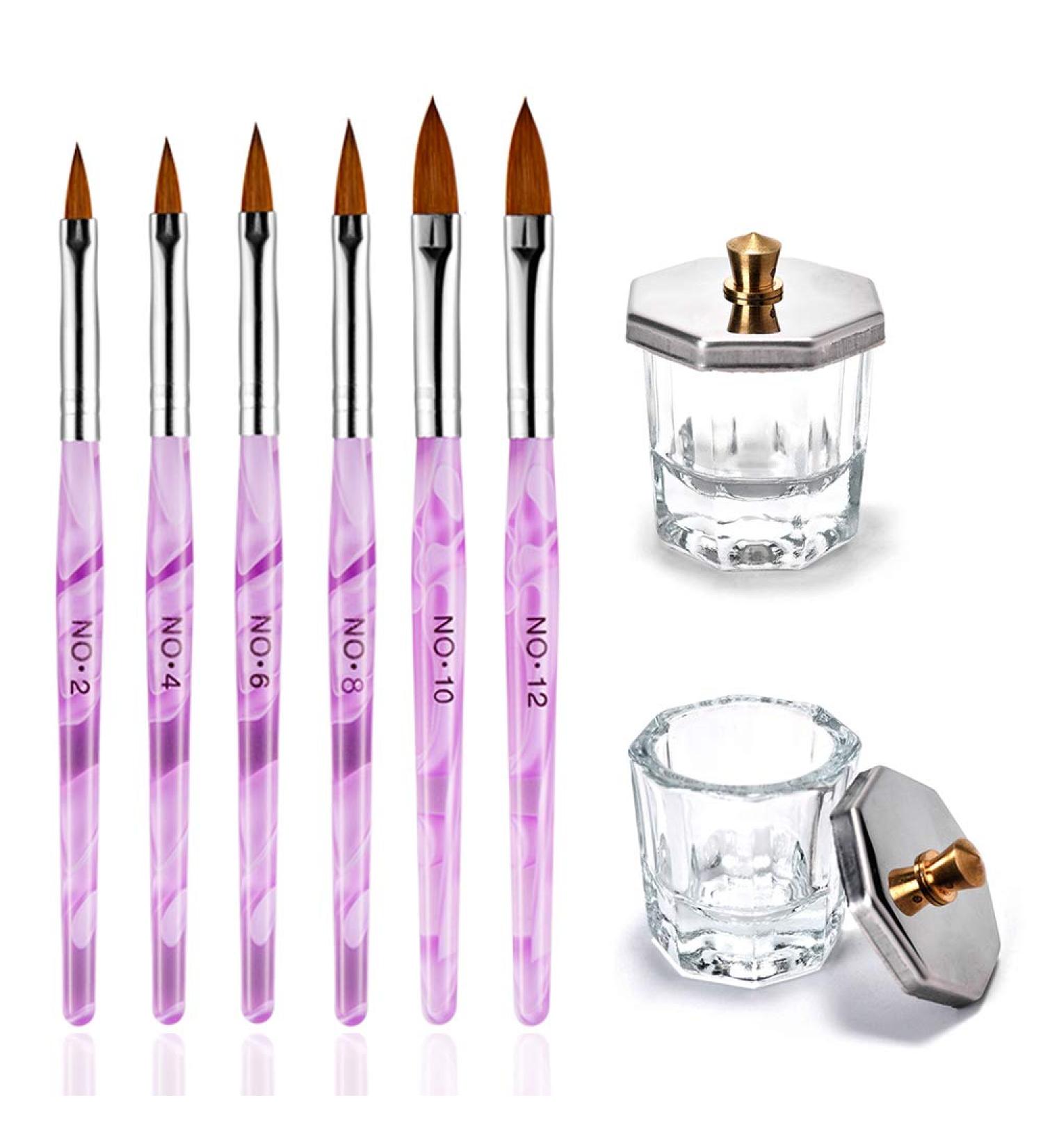 Kalolary 2Pcs Nail Art Dappen Dish & 6Pcs Acrylic Nail Brush Set | Mini Glass Cup with Lid | Crystal Bowl for UV Gel DIY | Purple Acrylic Liquid Powder Styling Tool - Buy Online on GoSupps.com