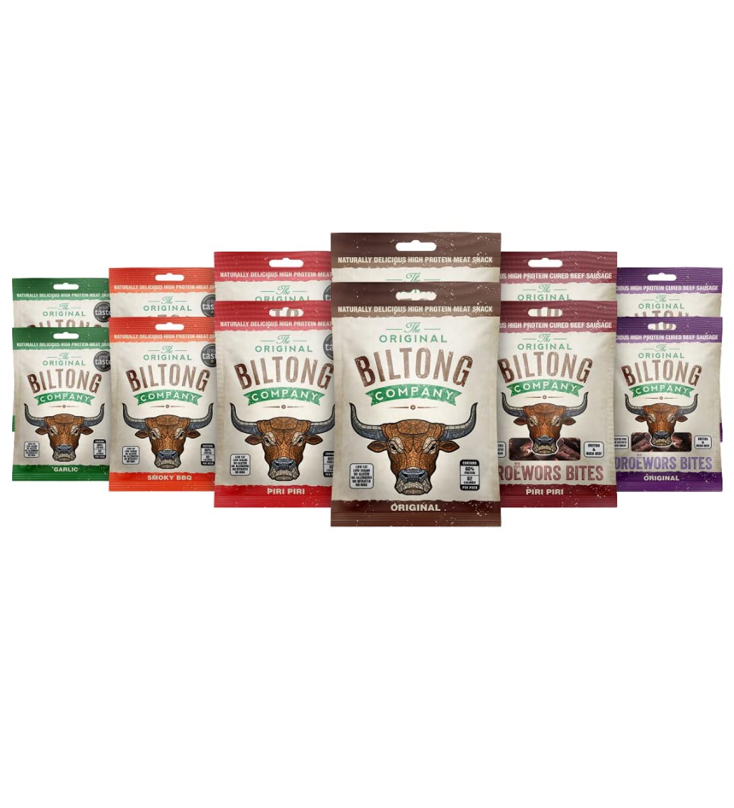 Biltong Taste Box: Original, Smoky BBQ, Piri Piri & Garlic - High Protein, Low Fat Savoury Snack (12 x 30g) - Gluten & Nitrate Free - Buy Online on GoSupps.com