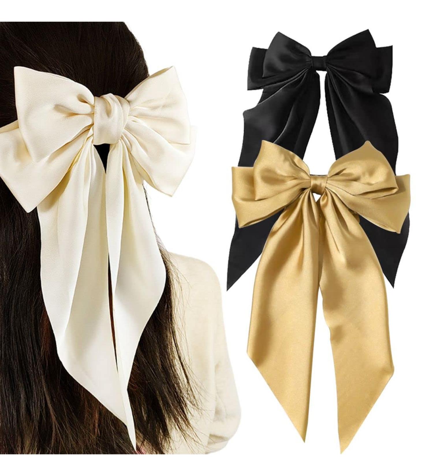 XPEX Set of 3 Large French Knot Hair Clips with Long Silky Satin Ribbon Girl Hair Bow Solid Colour Large Bow Hair Pins Bows - Buy Online on GoSupps.com