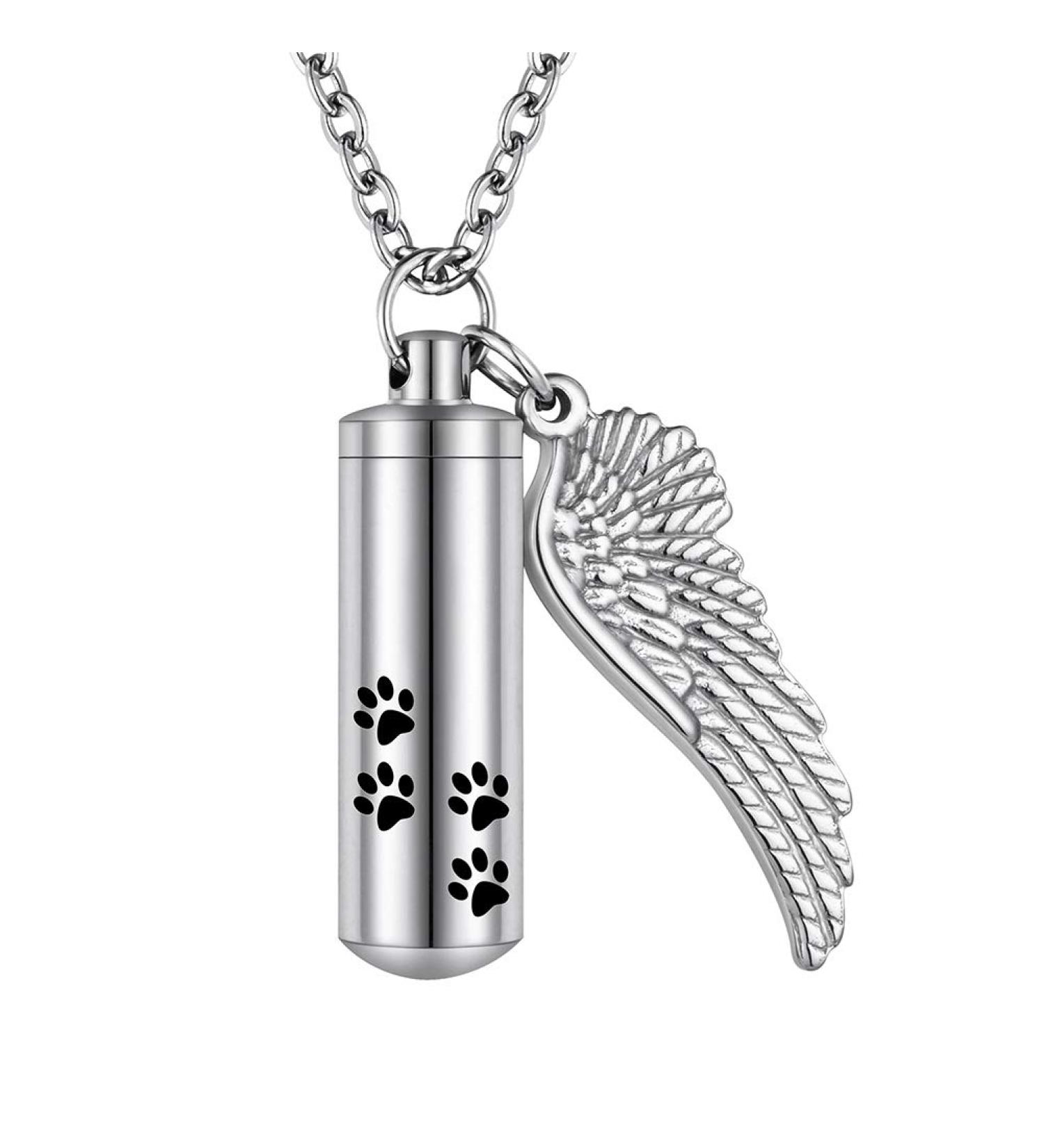 Cylinder Cremation Necklace for Pet Ashes Urn Necklace with Angel Wing Pet Paw Ashes Necklace for Dog/Cat Pet Memorial Keepsake Jewelry Silver-M - Buy Online on GoSupps.com