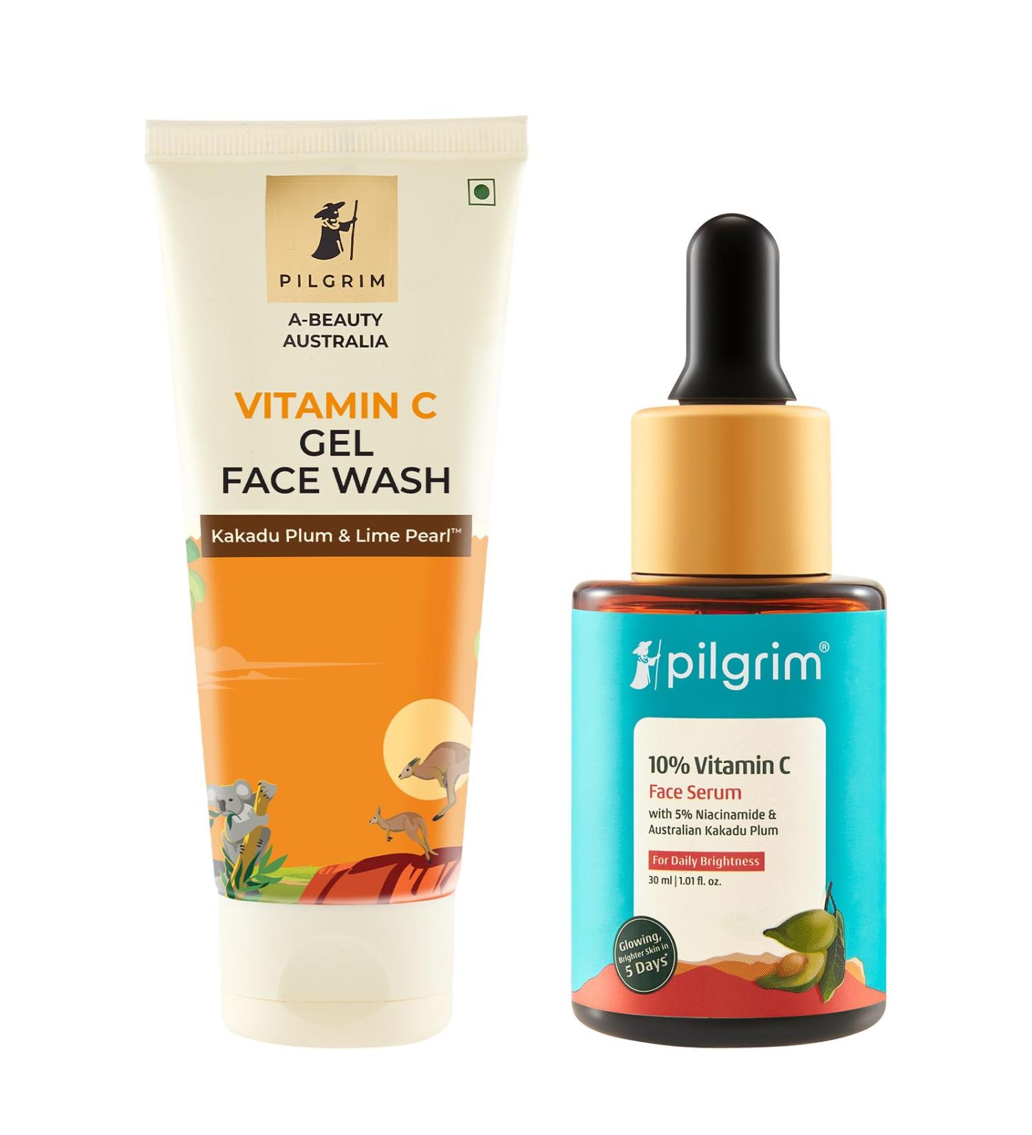 Pilgrim Vitamin C combo: 10% Vitamin C Serum (30ml) & Australian Kakadu Plum Gel Face Wash (100ml) | Glowing skin | Reduces Dark Spots | Evens Skin Tone & Enhances Glow - Buy Online on GoSupps.com