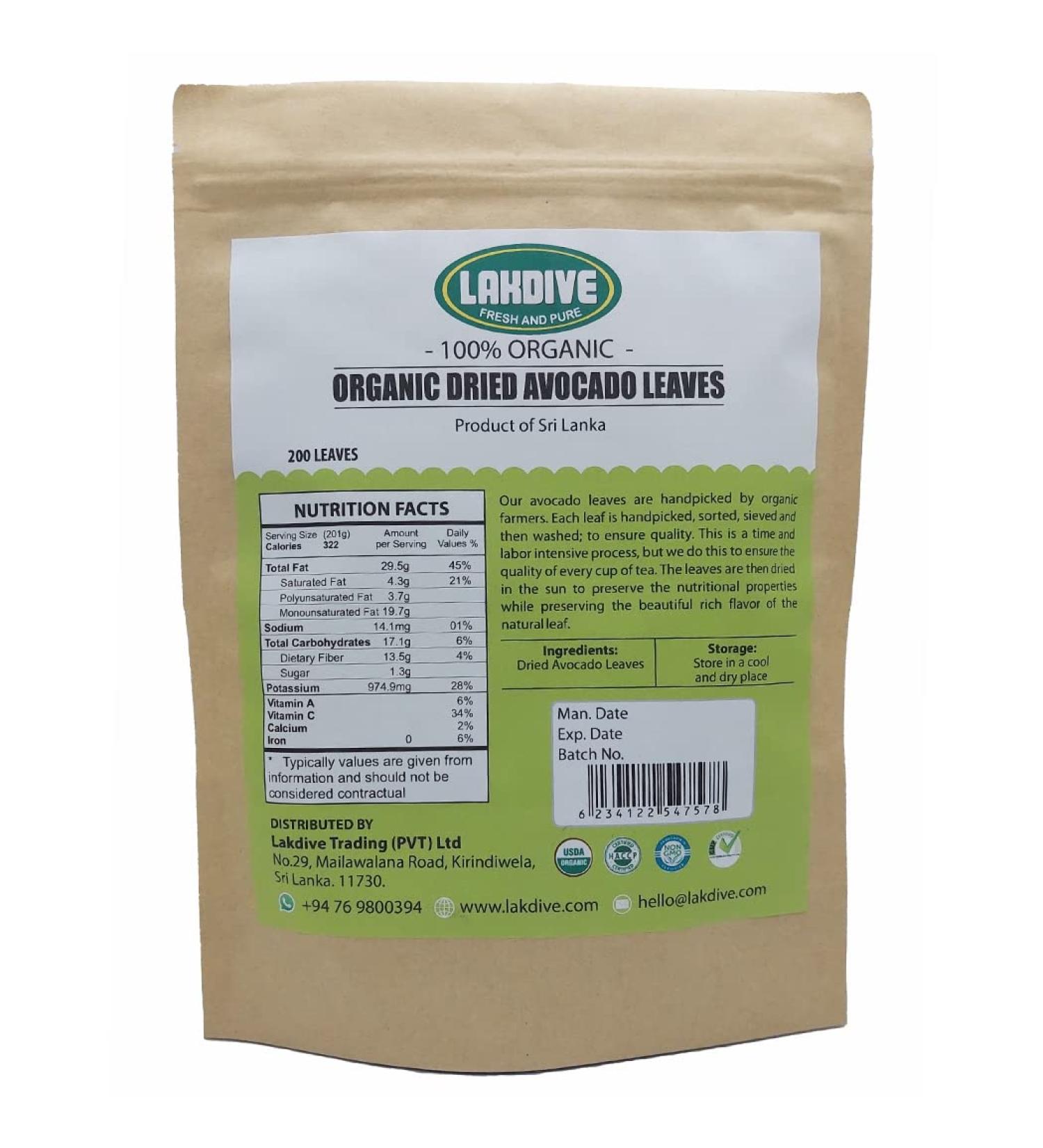 Lakdive Organic Avocado (Hoja De Aguacate Criollo - Aroma Fuerte) Leaves for Herbal Tea Healthy Face Hair Nail 200 Leaves/NET WT is around 5oz (150g)