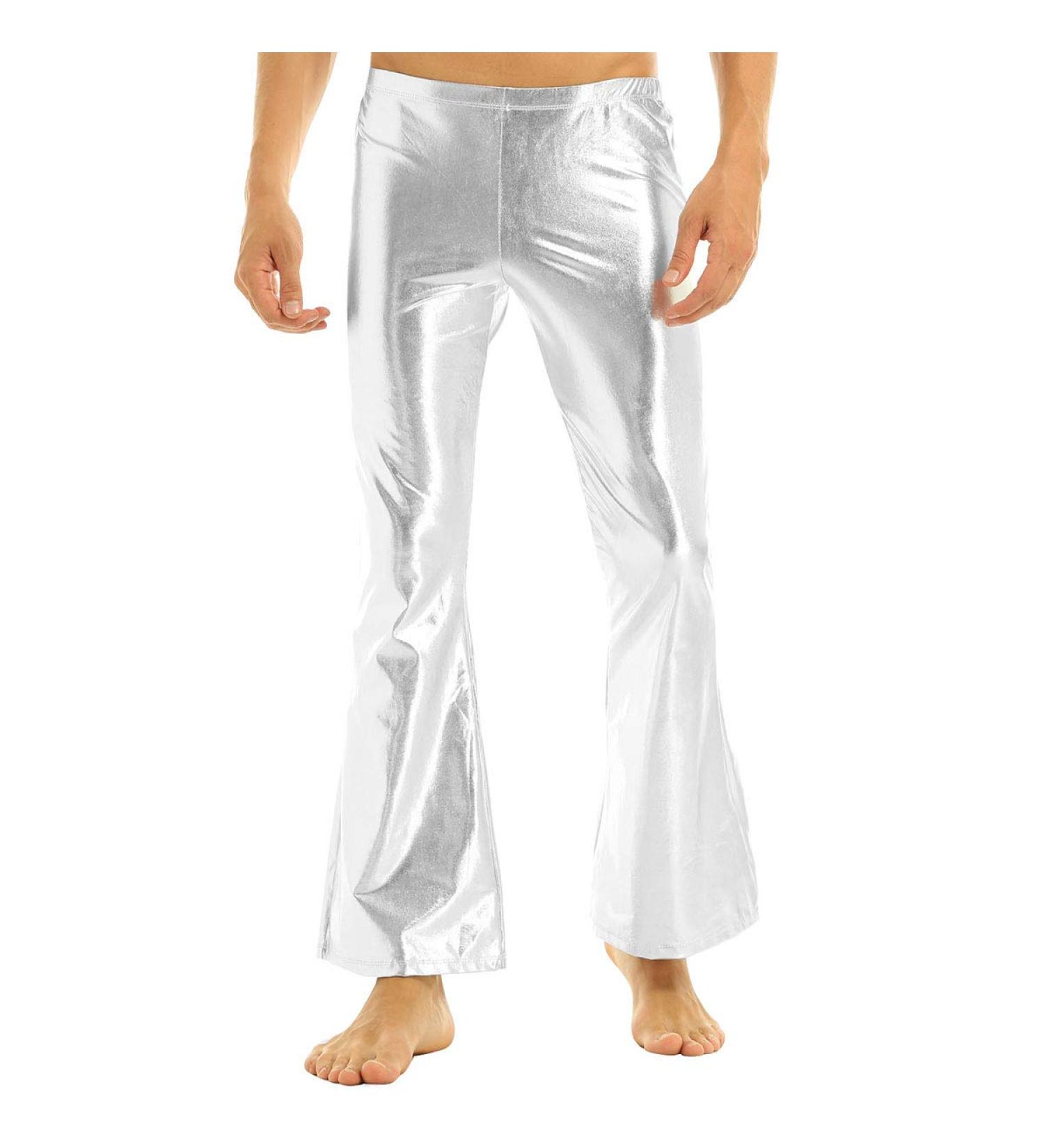 Inhzoy Men's Shiny Metallic Holographic Disco Flared Bell Bottom Pants - Silver Medium | Fashion Dance Trousers - Buy Online on GoSupps.com