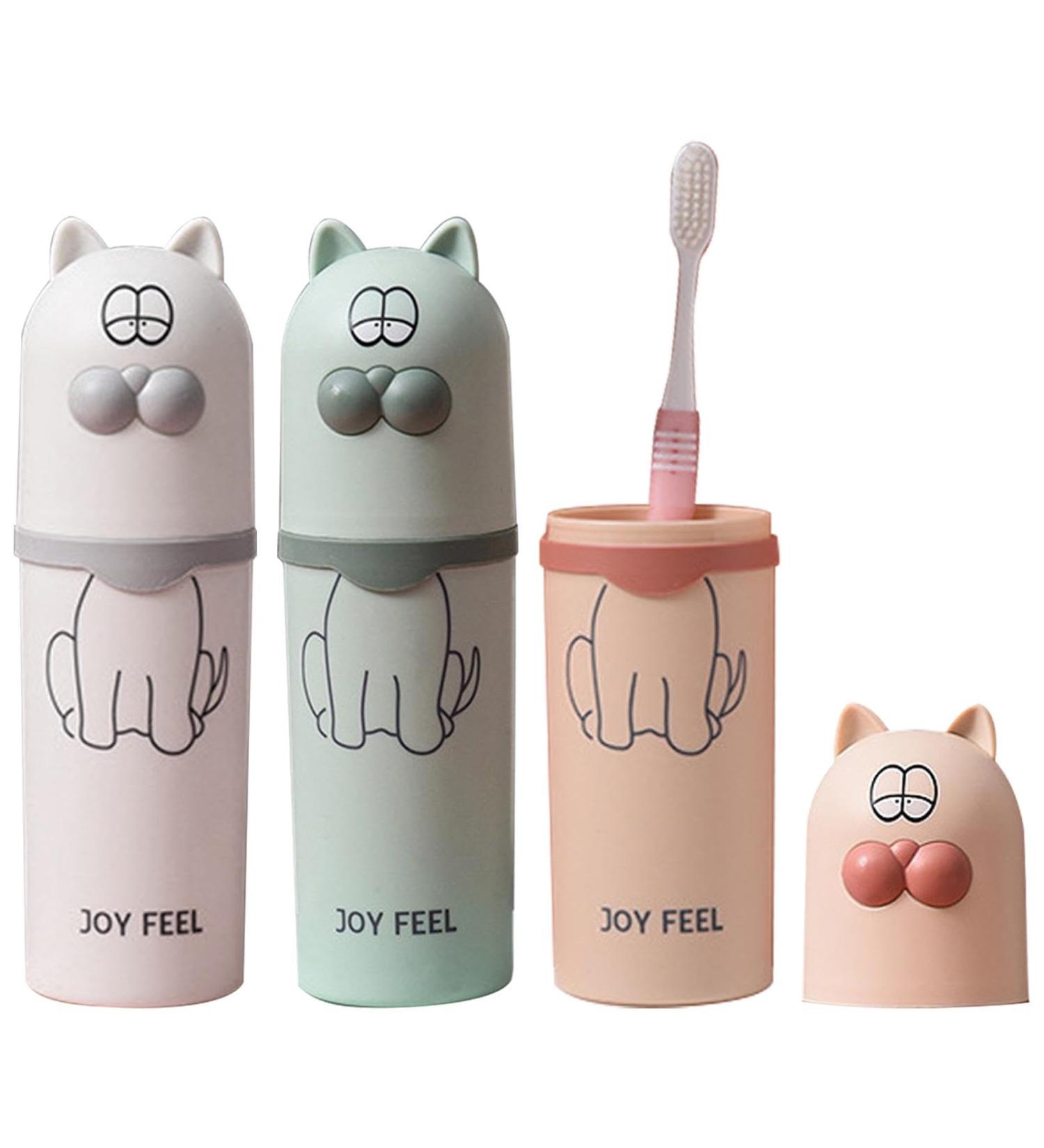 3-Piece Children's Toothbrush Cup Set | Cute Cat Caricature Travel Holder for Home School & Camping - White Green Pink - Buy Online on GoSupps.com