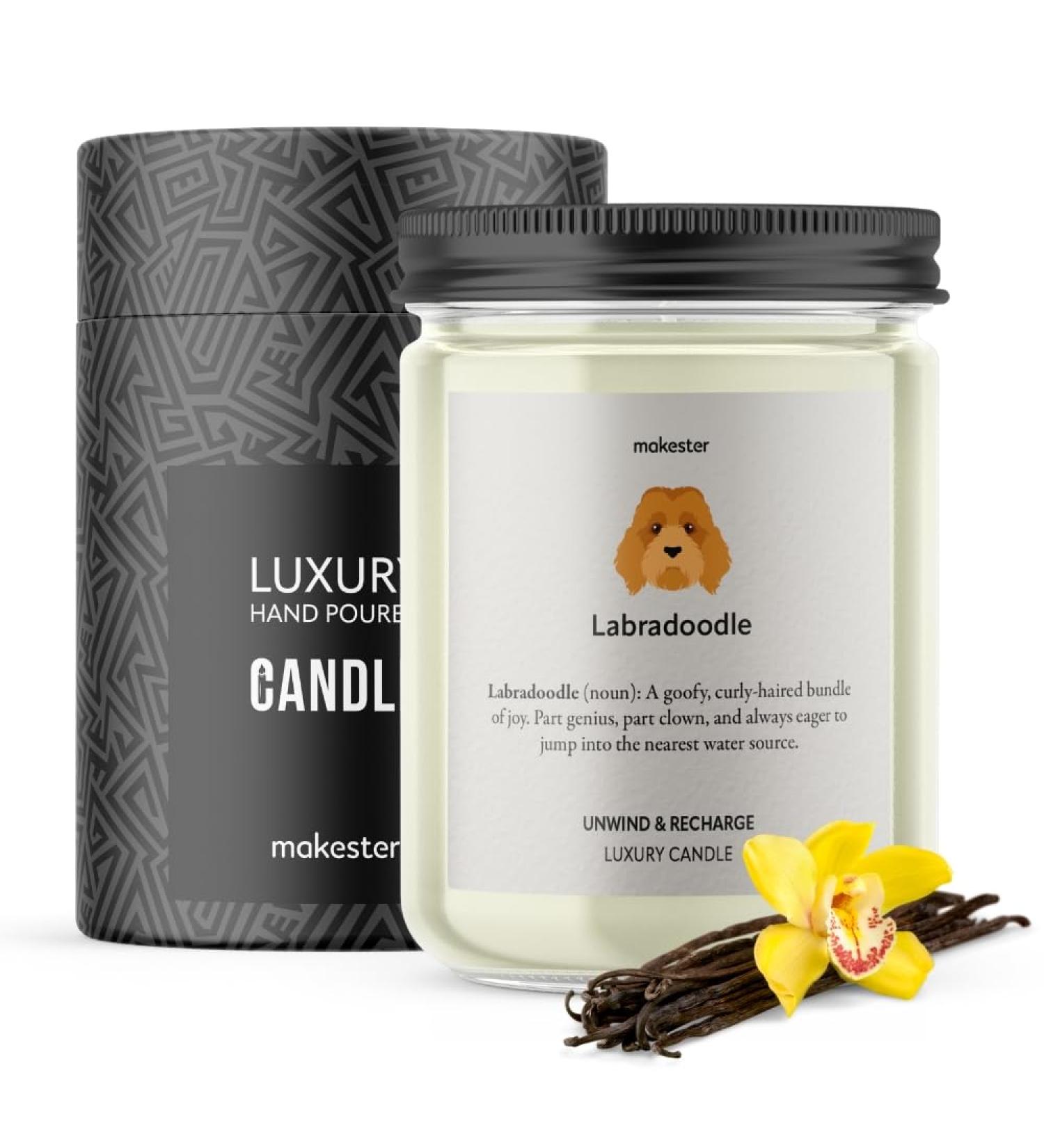 Labradoodle Candle - 220g Soy Wax with Madagascan Vanilla Jasmine & Sugared Almond - Perfect Gift for Labradoodle Lovers - Dog Lover Candles by Makester - Buy Online on GoSupps.com