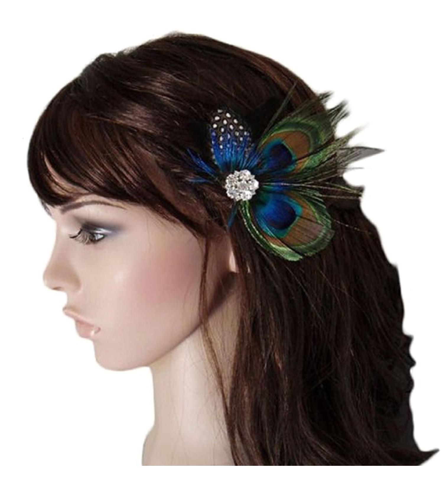 Handmade Boho Cute Peacock Feather Hair Clip Pin Headwear Headband with Rhinestone - Bohemian Bridal Wedding Dance Party Hairpin Hair Accessories for Women and Girls - Buy Online on GoSupps.com