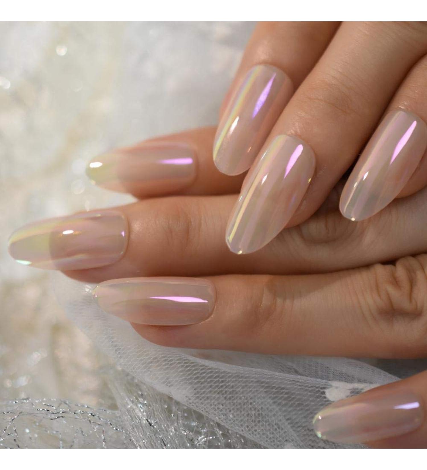 Shop Hujl Holographic Artificial Nails - Transparent Oval Medium Chrome-Plated Fake Nails | Colorful Manicure | 24 Pcs - Buy Online on GoSupps.com