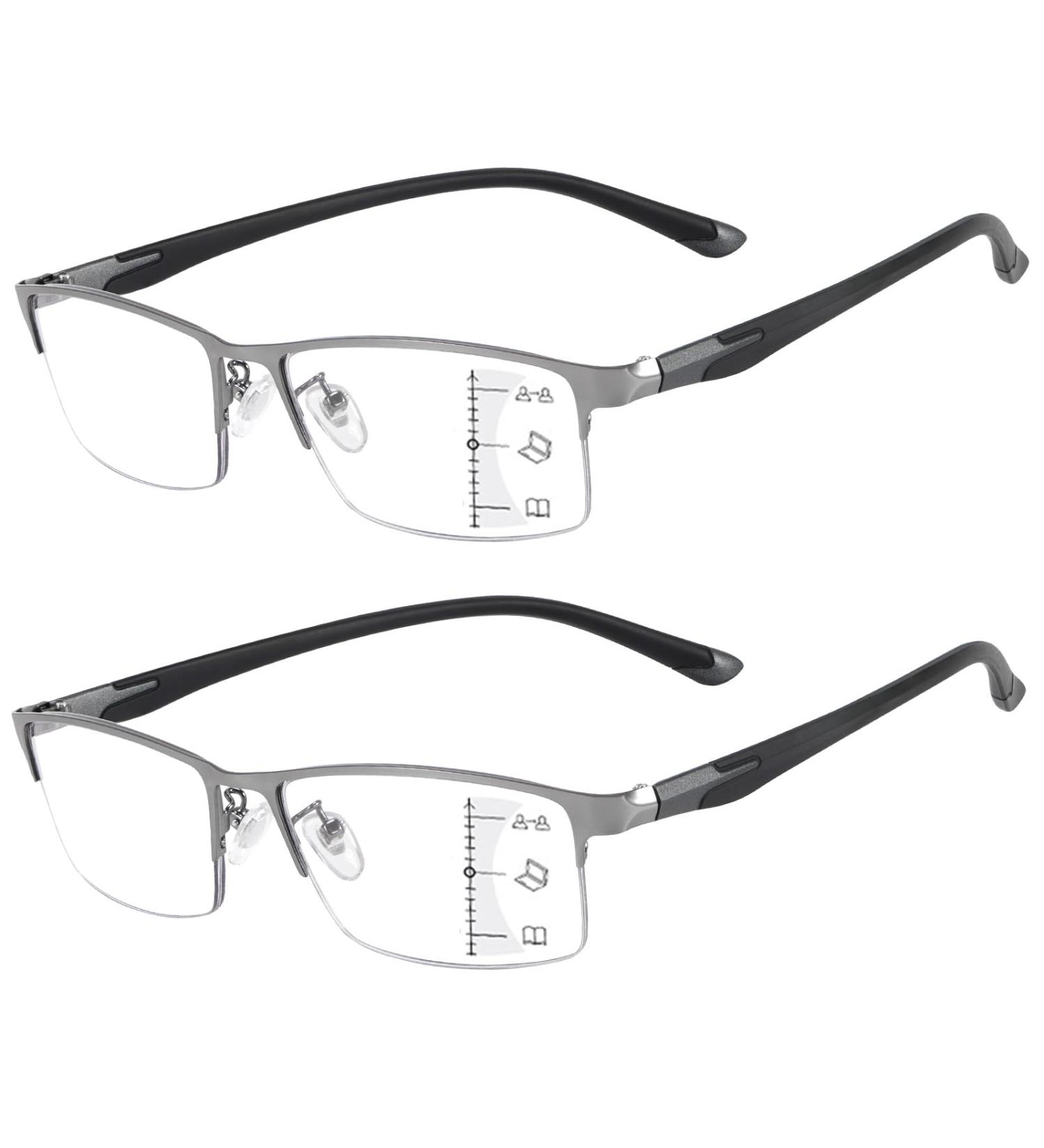 2 Pack Multifocus Progressive Reading Glasses for Men - Blue Light Blocking TR90 & Metal Frame 2.5x Magnification Grey - Buy Online on GoSupps.com