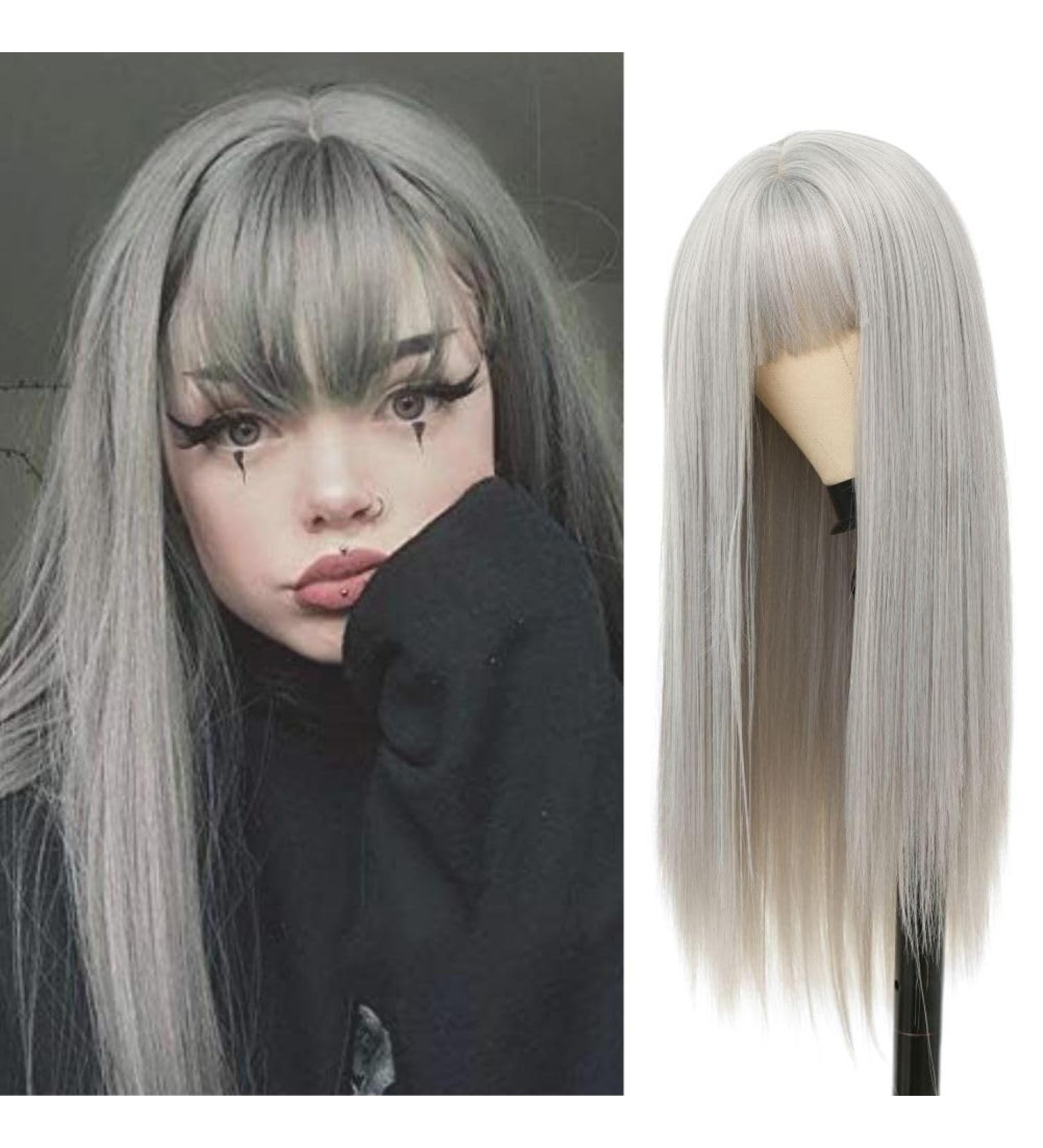 Siudus Women Grey Straight Long Wig with Bangs | Synthetic Heat Resistant Fiber for Daily Cosplay - International Shipping Available - Buy Online on GoSupps.com