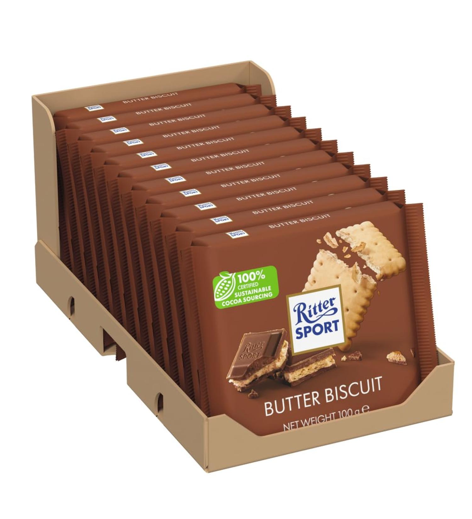  Ritter Sport RITTER SPORT - Butter Biscuit 100g Whole Milk Chocolate with a Biscuit Coated in Cocoa Cream - Take it anywhere - Box of 11 tablets - Buy Online on GoSupps.com