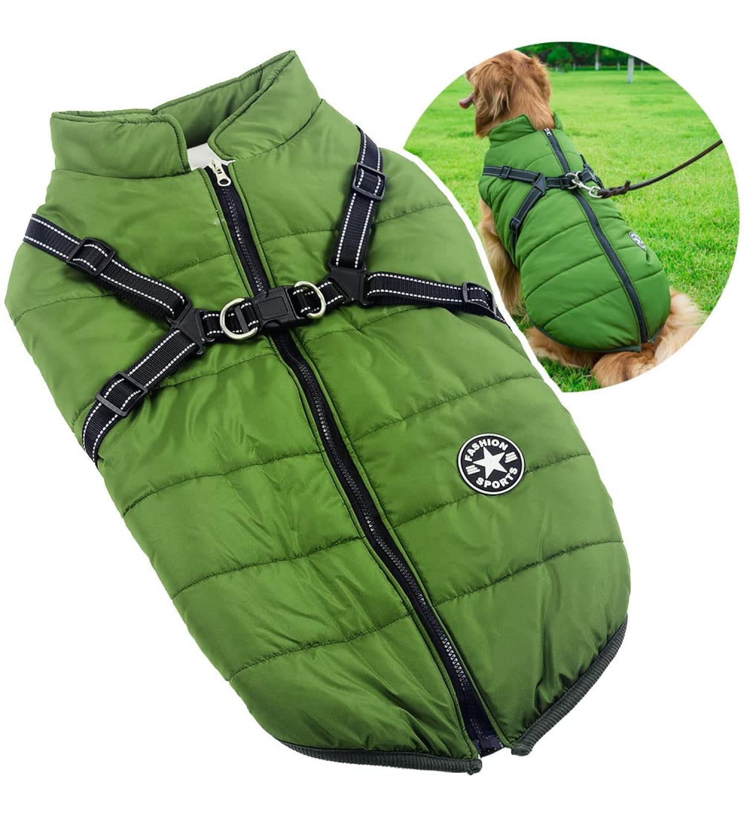 Oncpcare 2 in 1 Dog Clothes for Large Dogs - Winter Warm Coat Jacket Vest & Harness for 4XL Green Pets | International Shipping Available - Buy Online on GoSupps.com