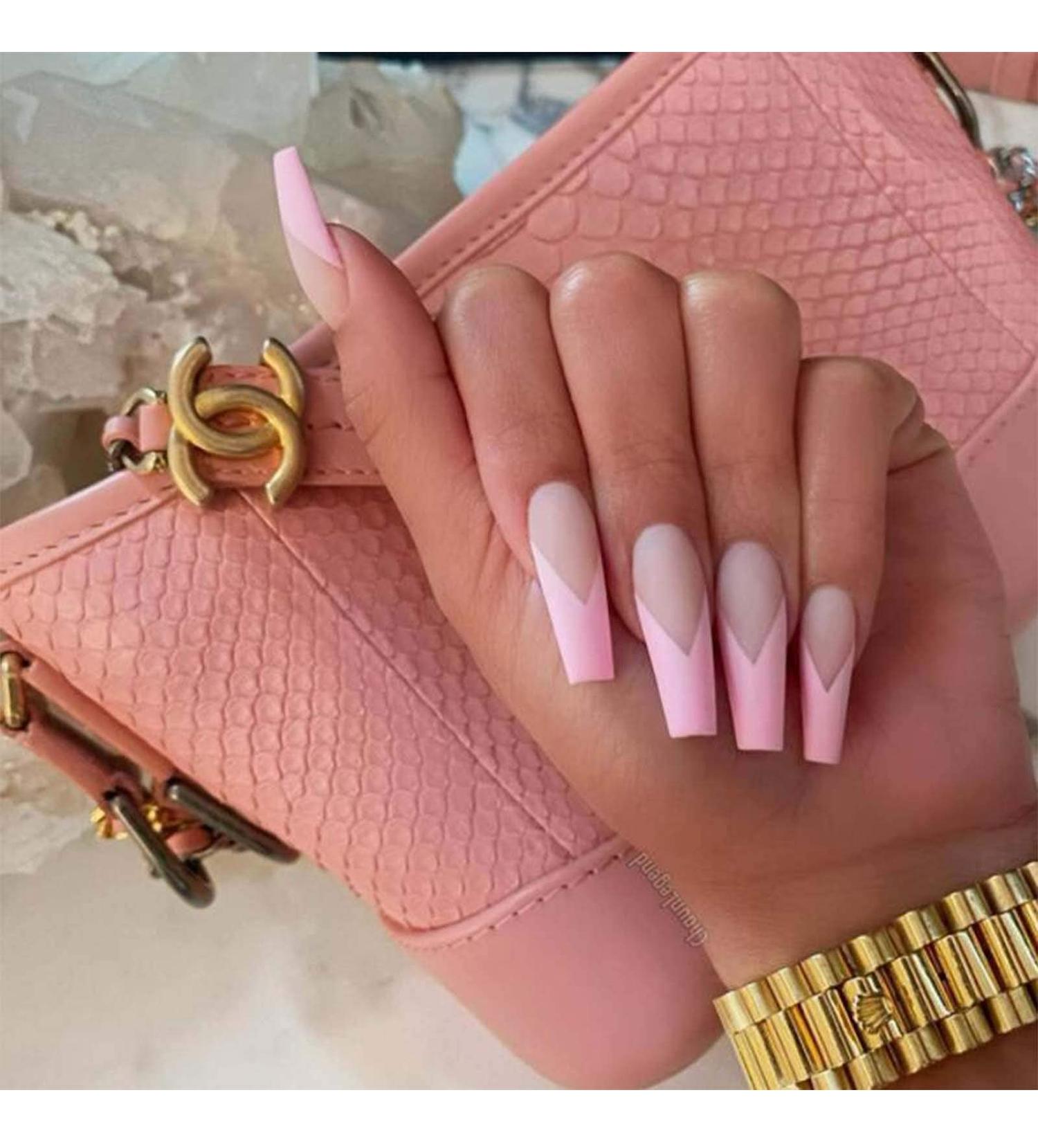 Yheakne V-Shape Artificial Fingernails - Shiny Pink Lace French Ballerina Full Cover - 24 Pieces for Women & Girls - Buy Online on GoSupps.com
