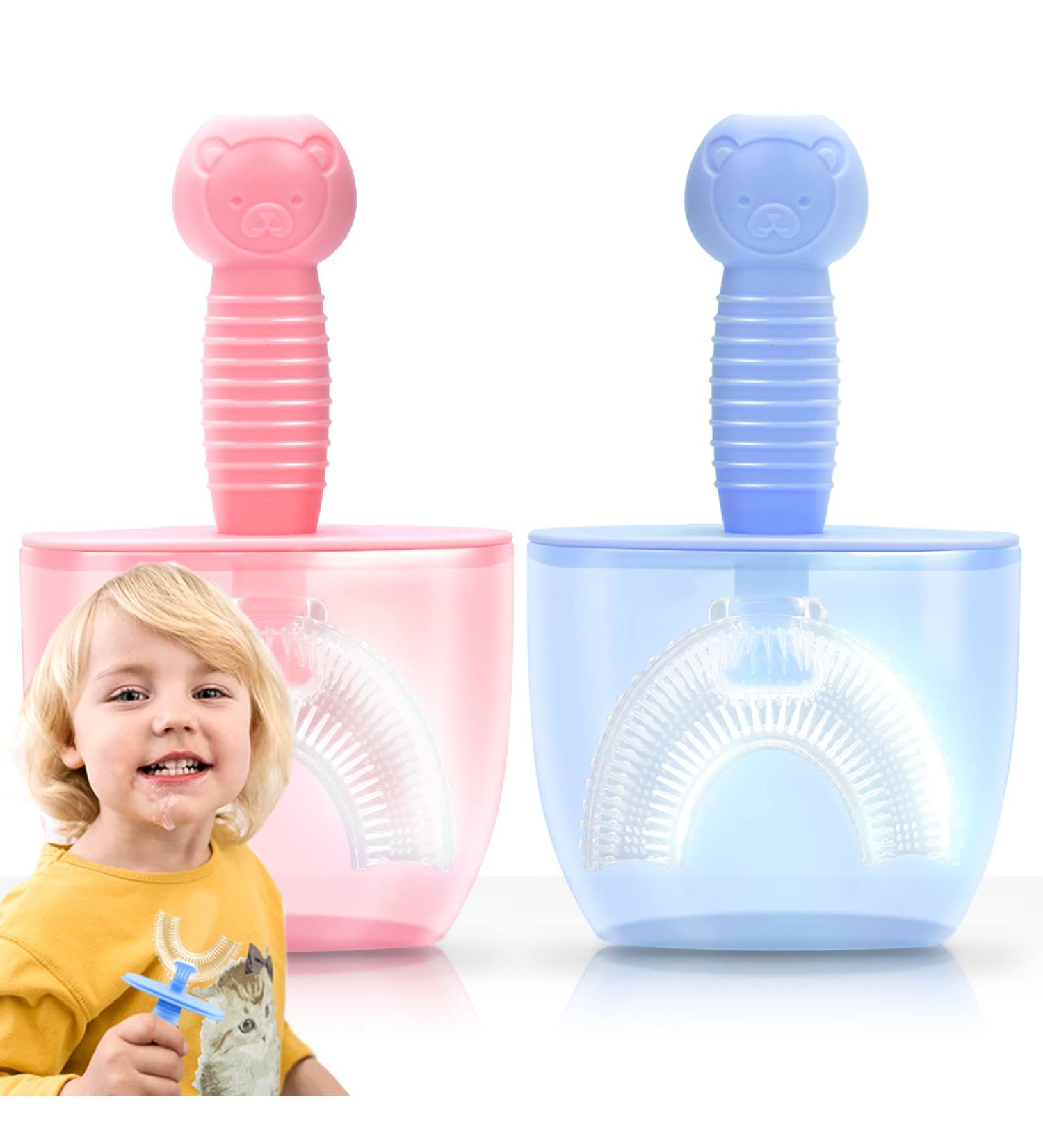 YOGINGO 2 Pack U Shaped Kids Toothbrushes | Food Grade Silicone | 360 Oral Cleaning | Cover Case | Toddler Age 2-6 - Buy Online on GoSupps.com