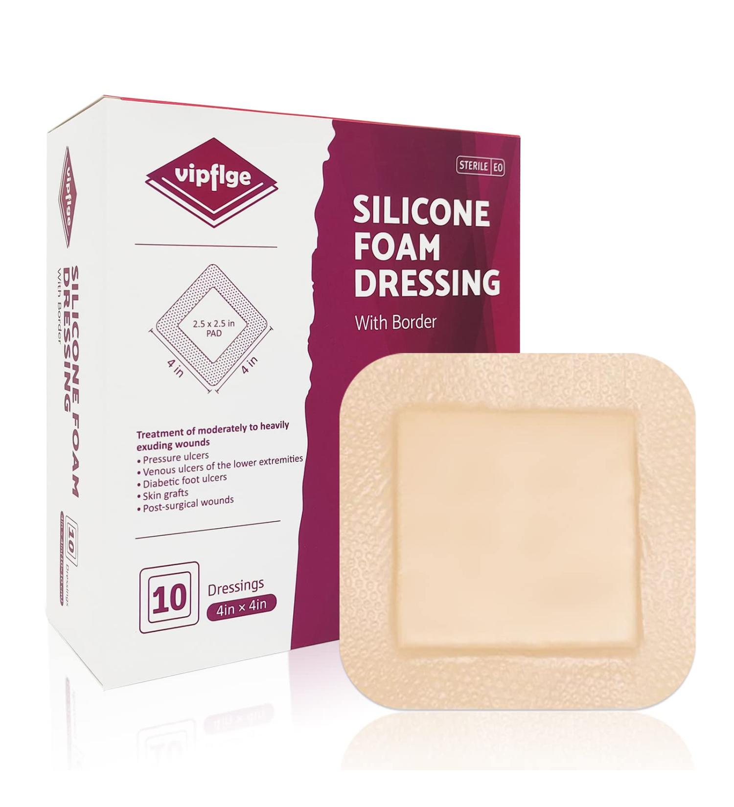 Silicone Foam Dressing 4'' x 4'' 10 Pack - High Absorbency Wound Bandage for Bed Sores, Pressure Ulcers, Diabetic Foot Ulcers & Leg Ulcers - Buy Online on GoSupps.com