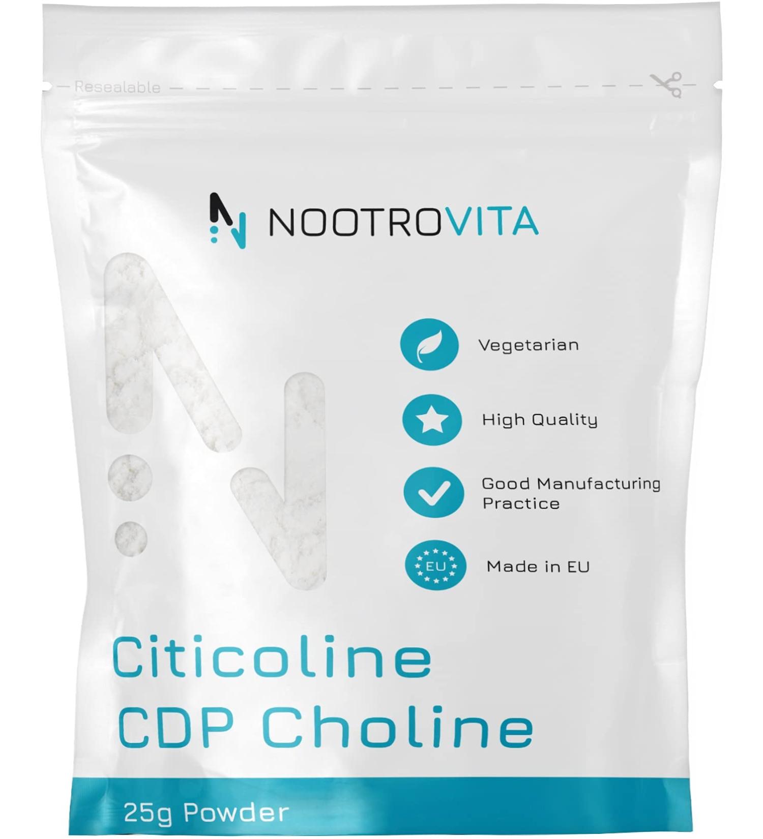 Citicolin CDP Cholin powder 25g - for memory concentration and cognitive function |No fillers allergen freeMade in ISO-certified companies |NOOTROVITA 25 g (1 Pack)