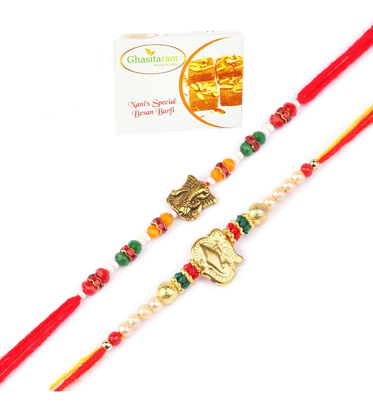 Ghasitaram Gifts Rakhi for Brother Rakhis Online - Set of 2-6971 and R-2110 Rakhi Threads with 200 GMS of Besan Barfi - Buy Online on GoSupps.com