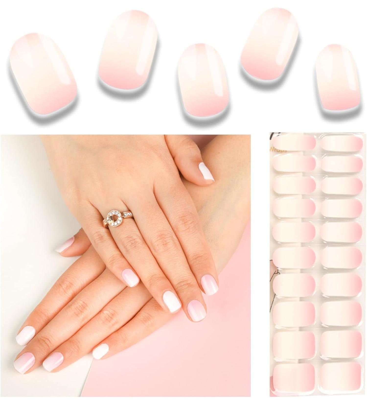 Foyute Semi Cured Gel Nail Strips 20 Pcs Soft Self-Adhesive Gel Nail Polish Wraps Sticker for Salon-Quality Manicure Set Long Lasting Easy to Apply & Remove Nail File & Wooden Stick (Pink) - Buy Online on GoSupps.com