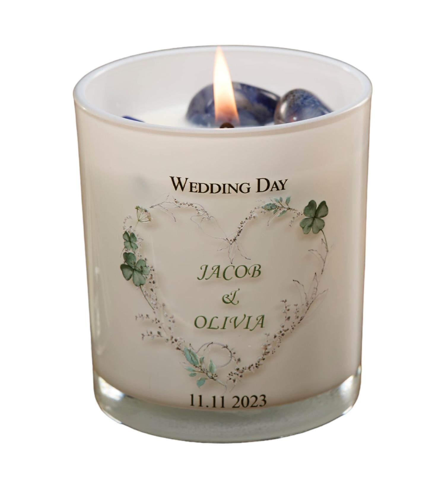 Personalised Wedding Day Candle Gift with Green Floral Heart (Sea Breeze) - Buy Online on GoSupps.com