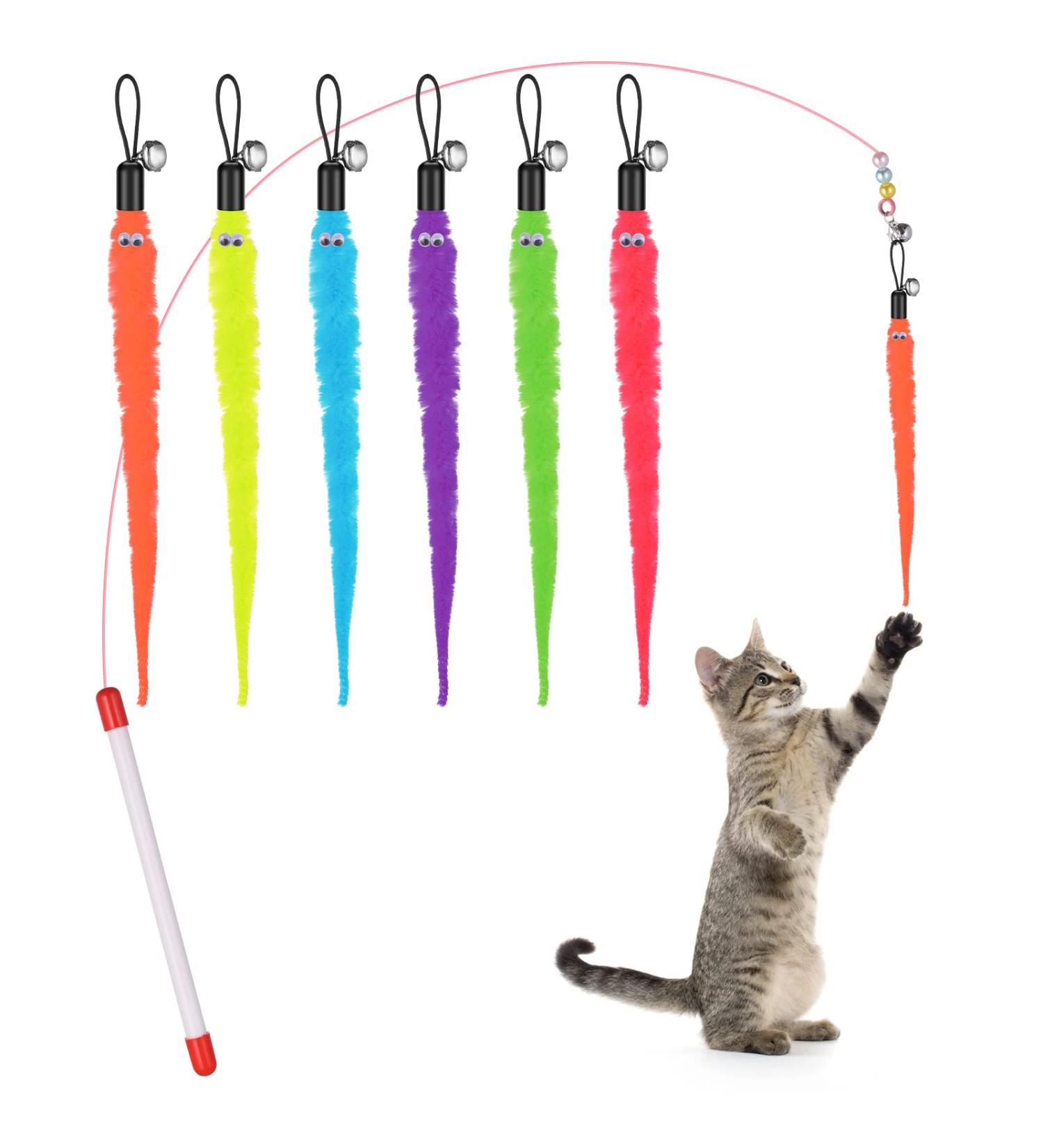 Interactive Cobee Cat Toys with Springs - 6 Colorful Plush Worms & Bells for Cats - Retractable & Replacement Furry Tail Toys - Buy Online on GoSupps.com