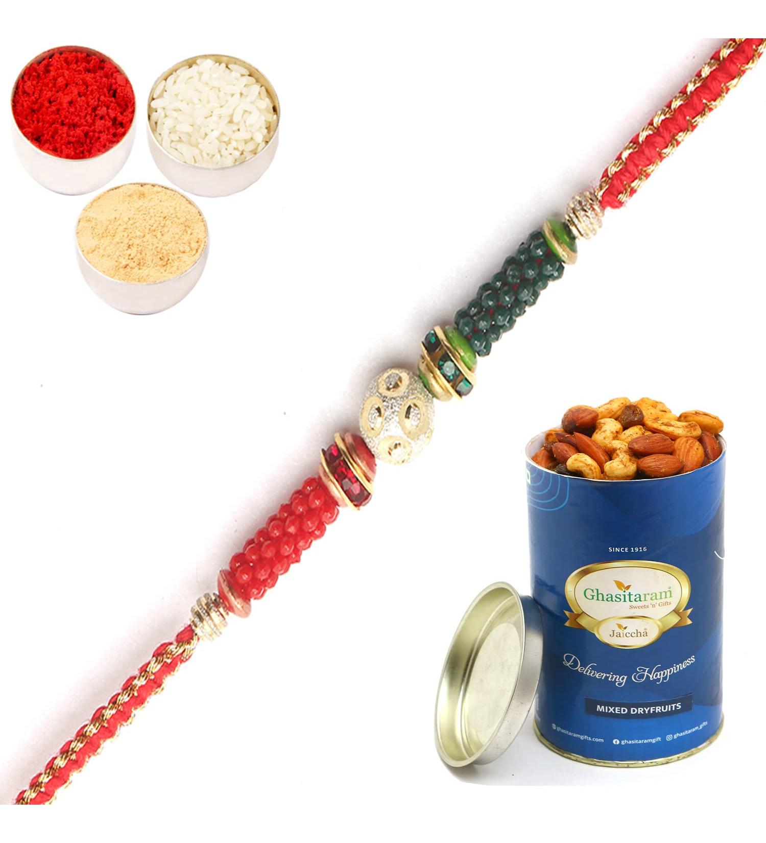 Ghasitaram Gifts Rakhi for Brother Rakhis Online- 4211 Fancy Thread Rakhi with 100 GMS of Dryfruits Mix Can Rakhi Set with 100 gms of Dryfruits Mix Can - Buy Online on GoSupps.com
