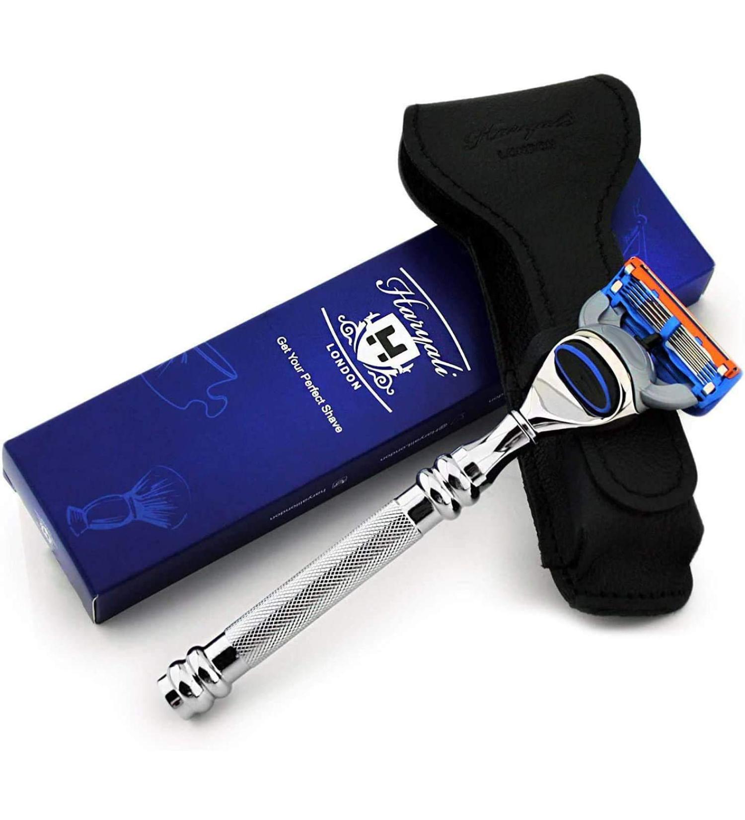 Premium Stainless Steel 5-Edge Cassette Shaver Knife & Leather Cover | Men's Wet Shaving Essentials | Perfect for On-the-Go Care - Buy Online on GoSupps.com