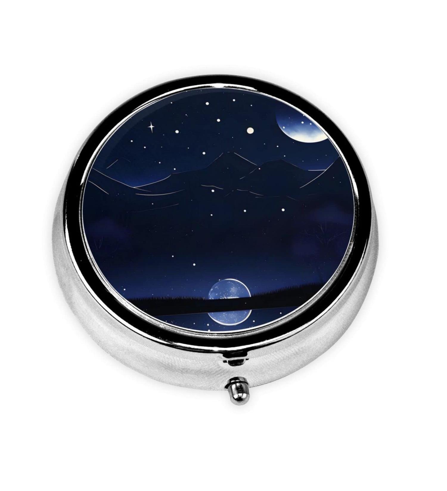 Serene Blue Night View Round Pill Box - 3 Compartment Organizer | Portable Travel Pill Box for Easy Medication Management - Buy Online on GoSupps.com
