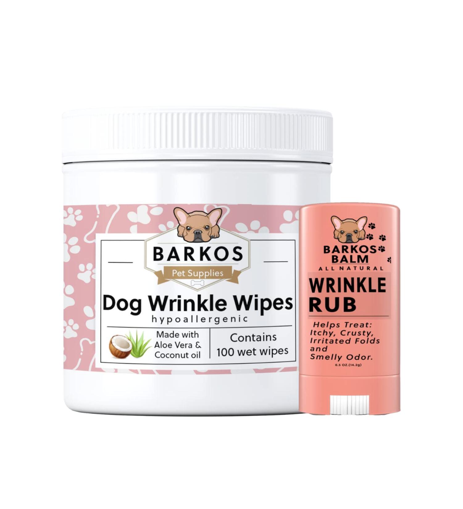 Wrinkle Wipes + Balm for Bulldogs, French Bulldogs, Pugs, English Bulldogs | Cleans & Soothes Wrinkles, Tear Stains, Tail Pockets & Paws | Anti-Itch Formula | 100 Soft Cotton Pads - Buy Online on GoSupps.com