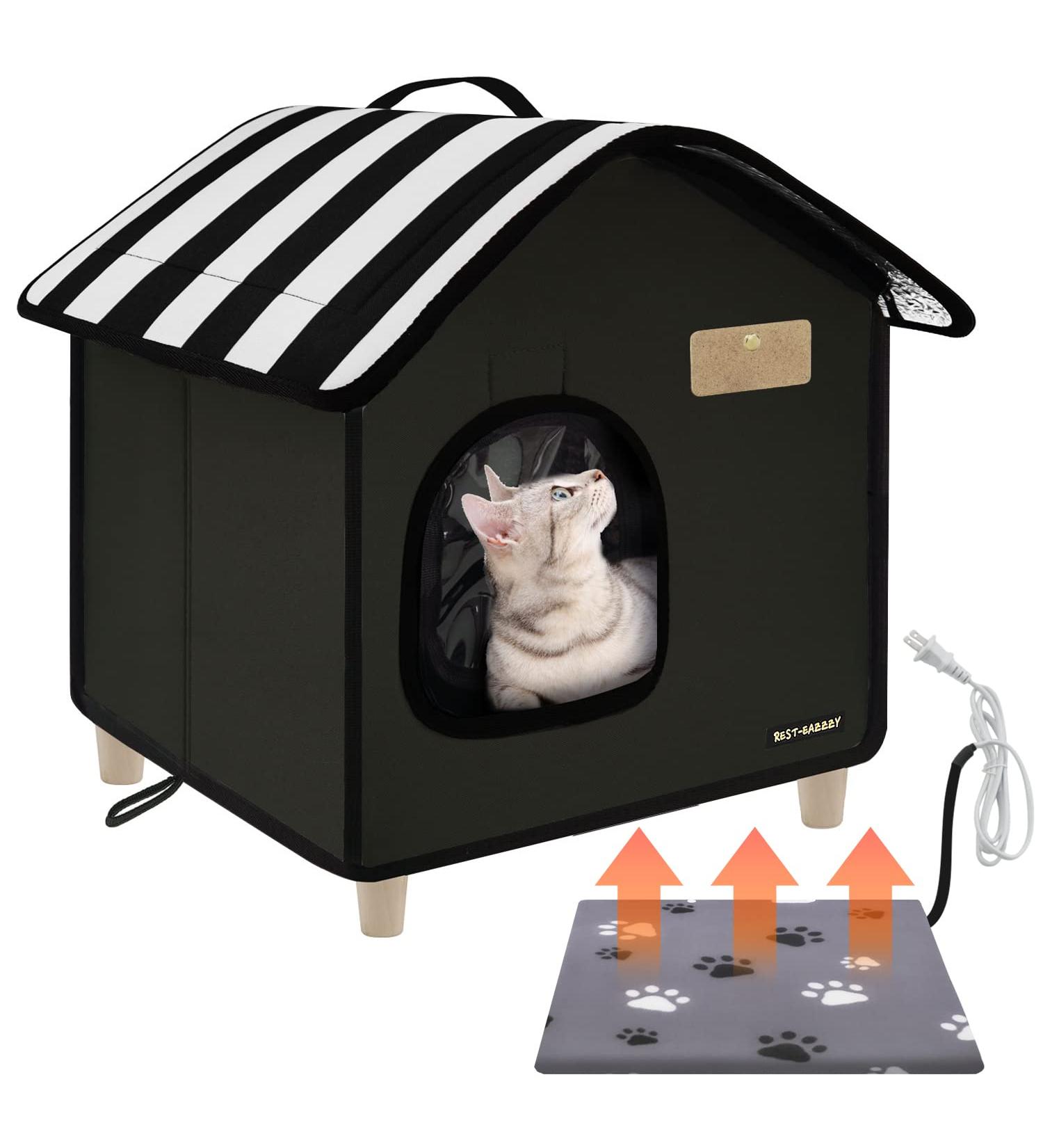 Rest-Eazzzy Weatherproof Cat House with Heat Pad - Outdoor Cat Bed for Cats, Dogs, and Small Animals - Black S Shelter - Buy Online on GoSupps.com
