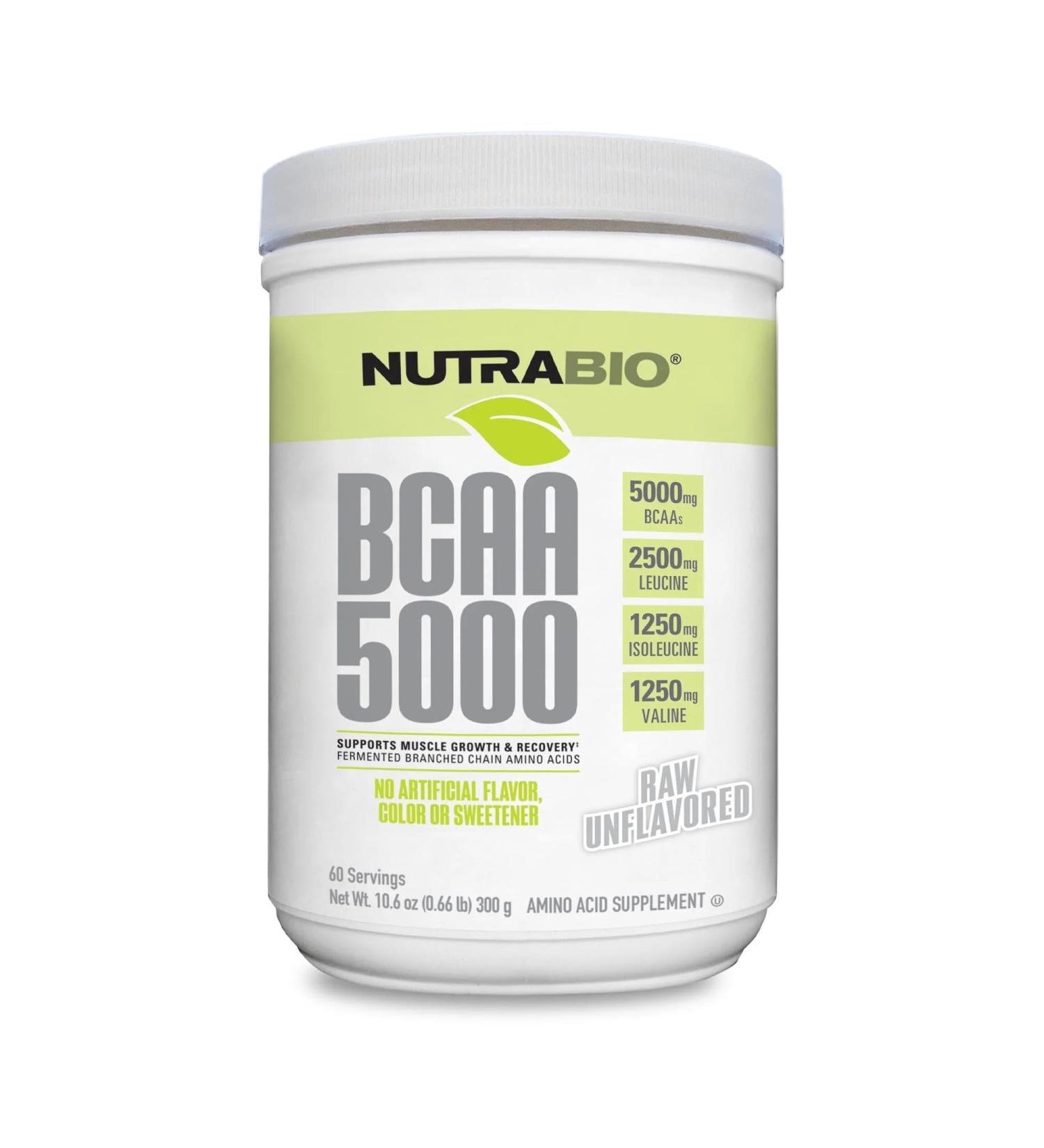 NutraBio BCAA 5000 Powder - Fermented Branched Chain Amino Acids for Muscle Growth & Recovery - Natural Flavors Sweeteners and Coloring Vegan Gluten Free - Unflavored 60 Servings - Buy Online on GoSupps.com