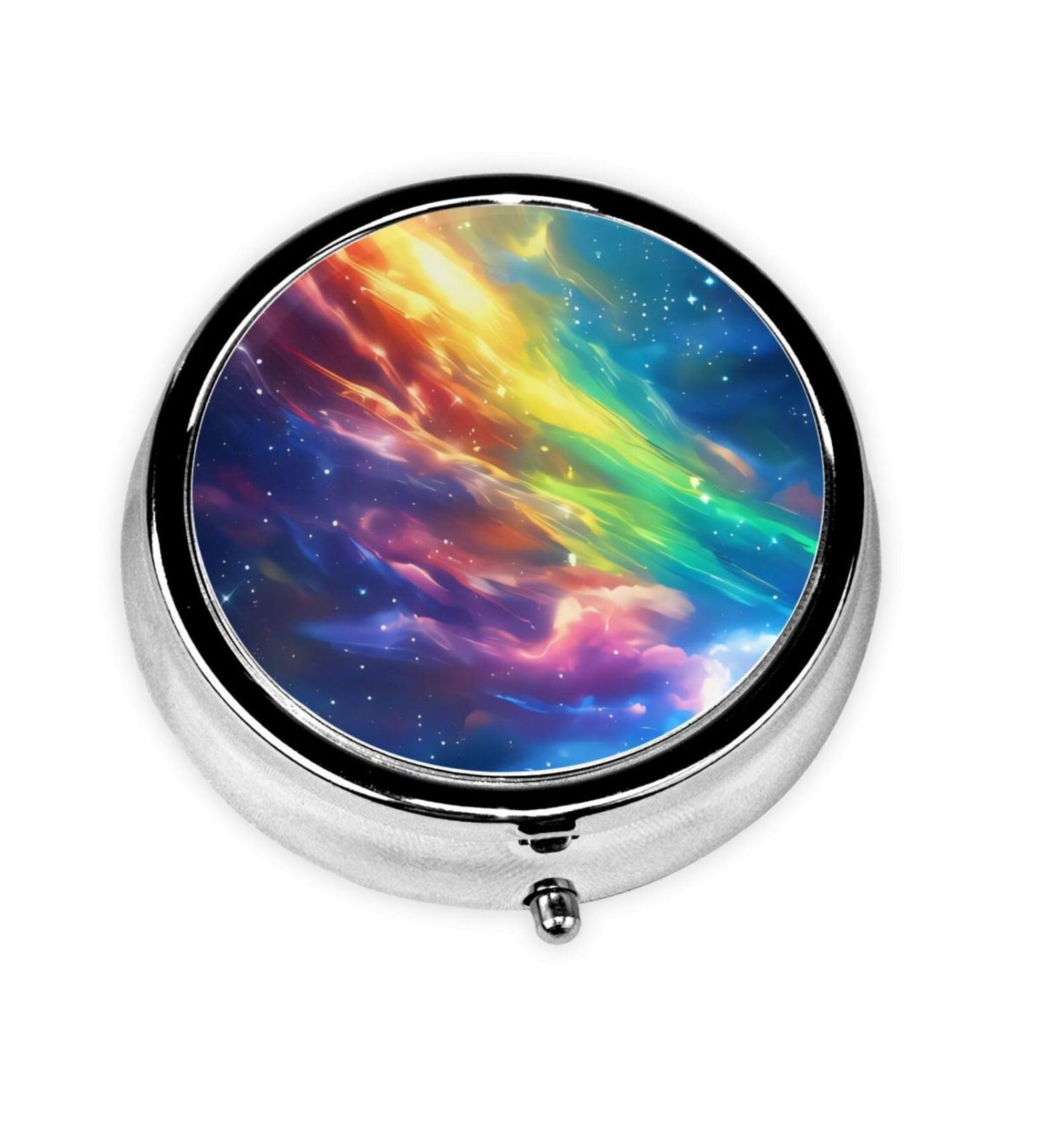 Colorful Nebula Portable Pill Box - 3-Compartment Metal Organizer for Small Pills | Travel Essential | Hinged Design | International Shipping Available - Buy Online on GoSupps.com