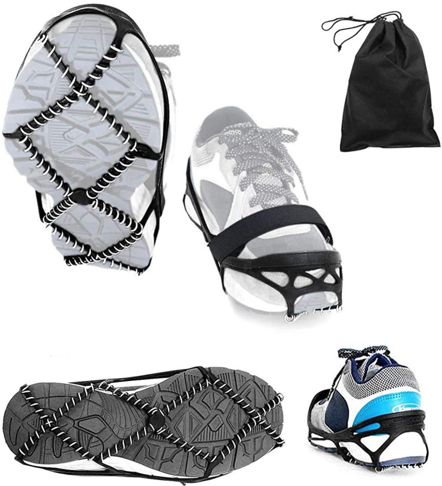 Ice Cleats, Highly Elastic Traction Cleats Grippers with Magic Tape Straps and Storage Bag, Anti Slip Walk Traction Cleats for Hiking Walking on Snow and Ice M: Women5-10/Men3-8/foot length 221-255mm