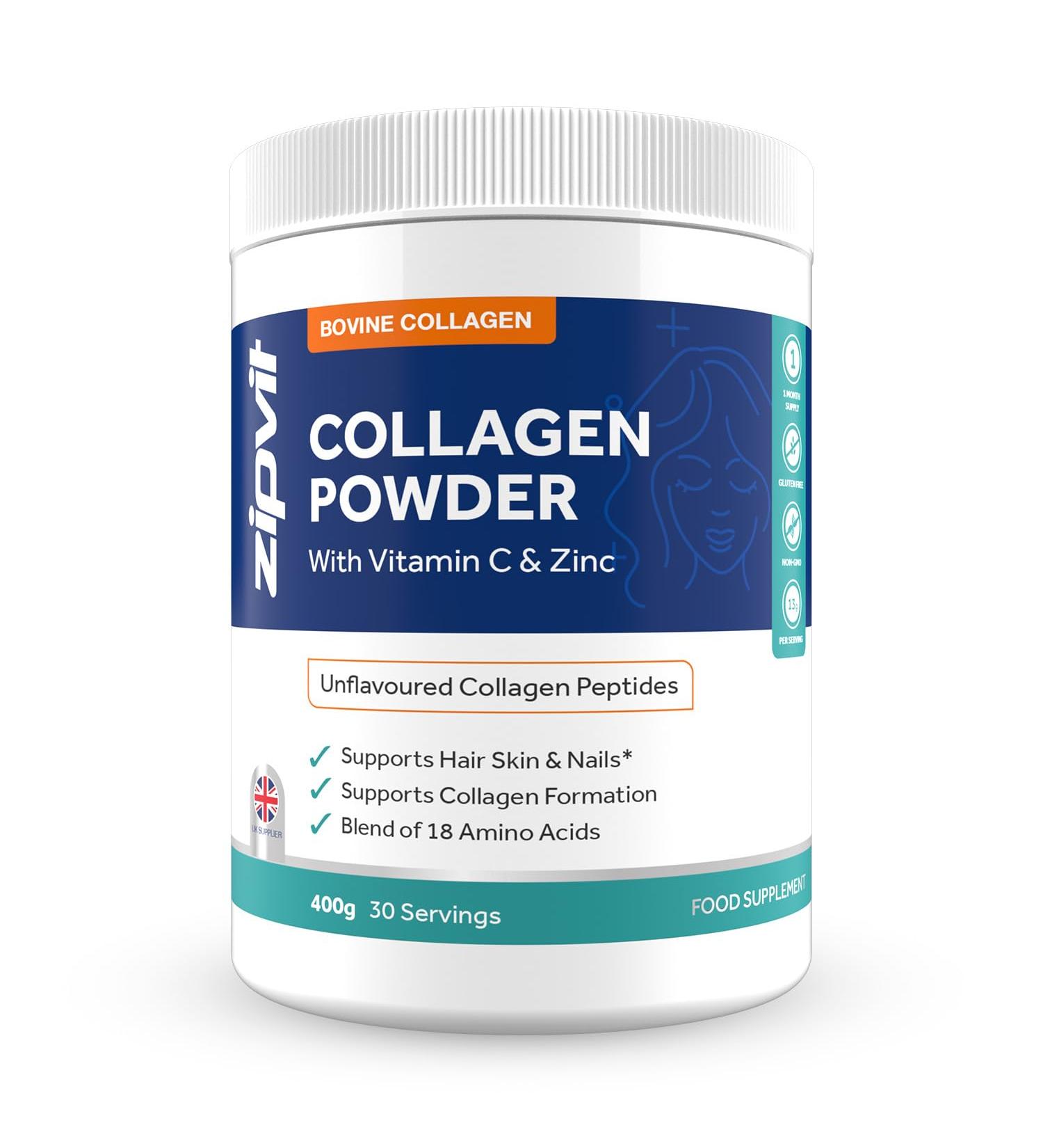 Zipvit Collagen Peptides Powder with Vitamin C & Zinc. Supports Hair Skin & Nails. Bovine Collagen with High Levels of 18 Essential Amino Acids. UK Supplier Collagen Powder - 400g - Buy Online on GoSupps.com