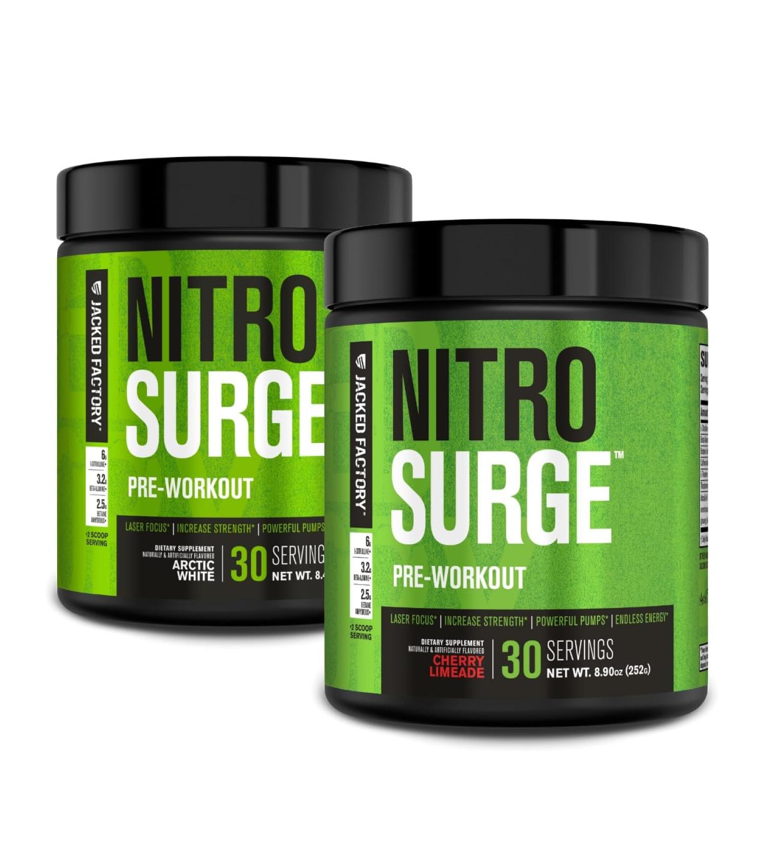 Jacked Factory NITROSURGE Pre Workout Supplement for Energy Instant Strength Gains Clear Focus & Intense Pumps (Arctic White 30 Servings & Cherry Limeade 30 Servings) - Buy Online on GoSupps.com