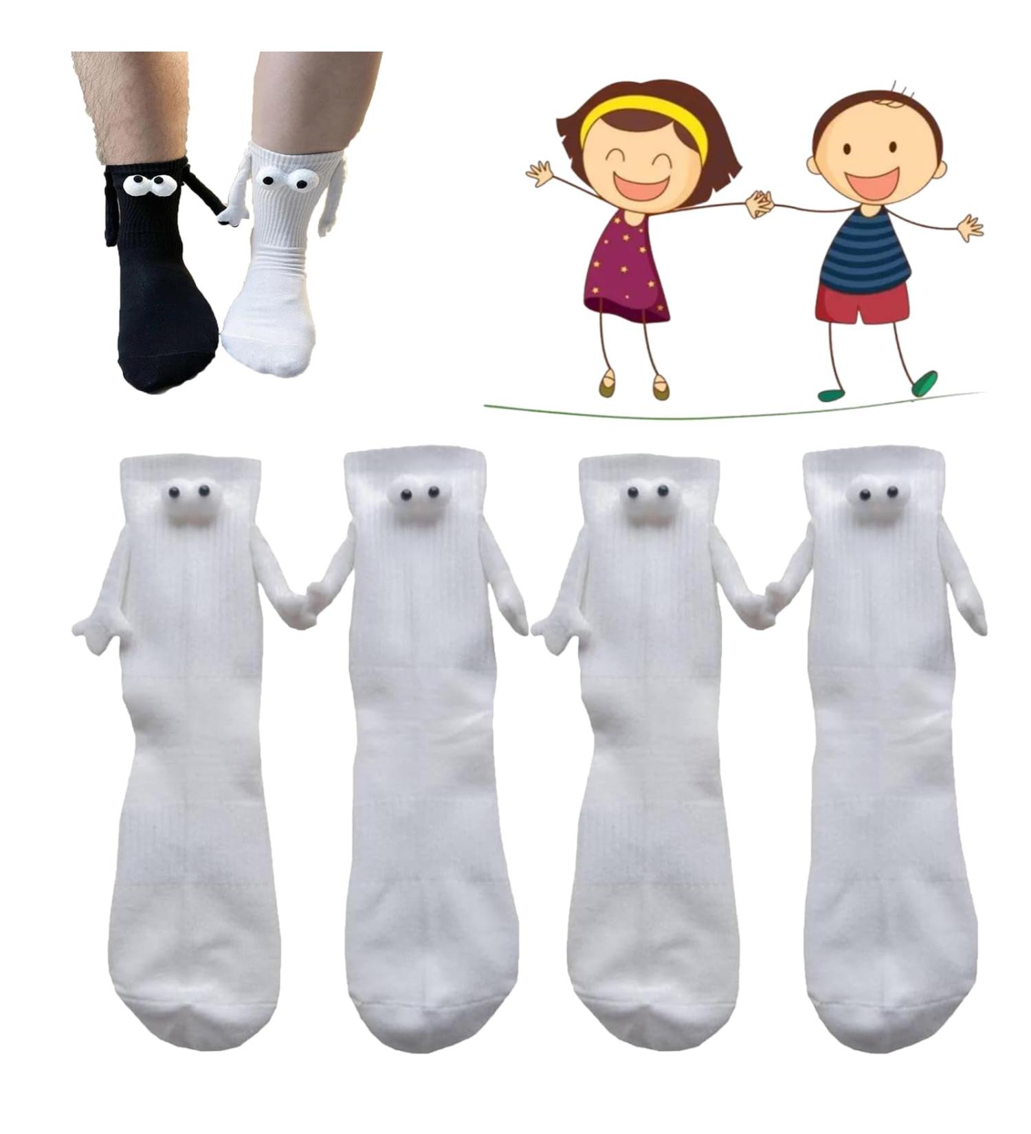 Knachohel Couple Holding Hands Socks - Funny Magnetic 3D Doll Design - 2 Pairs Unisex White Socks for Couples - Buy Online on GoSupps.com
