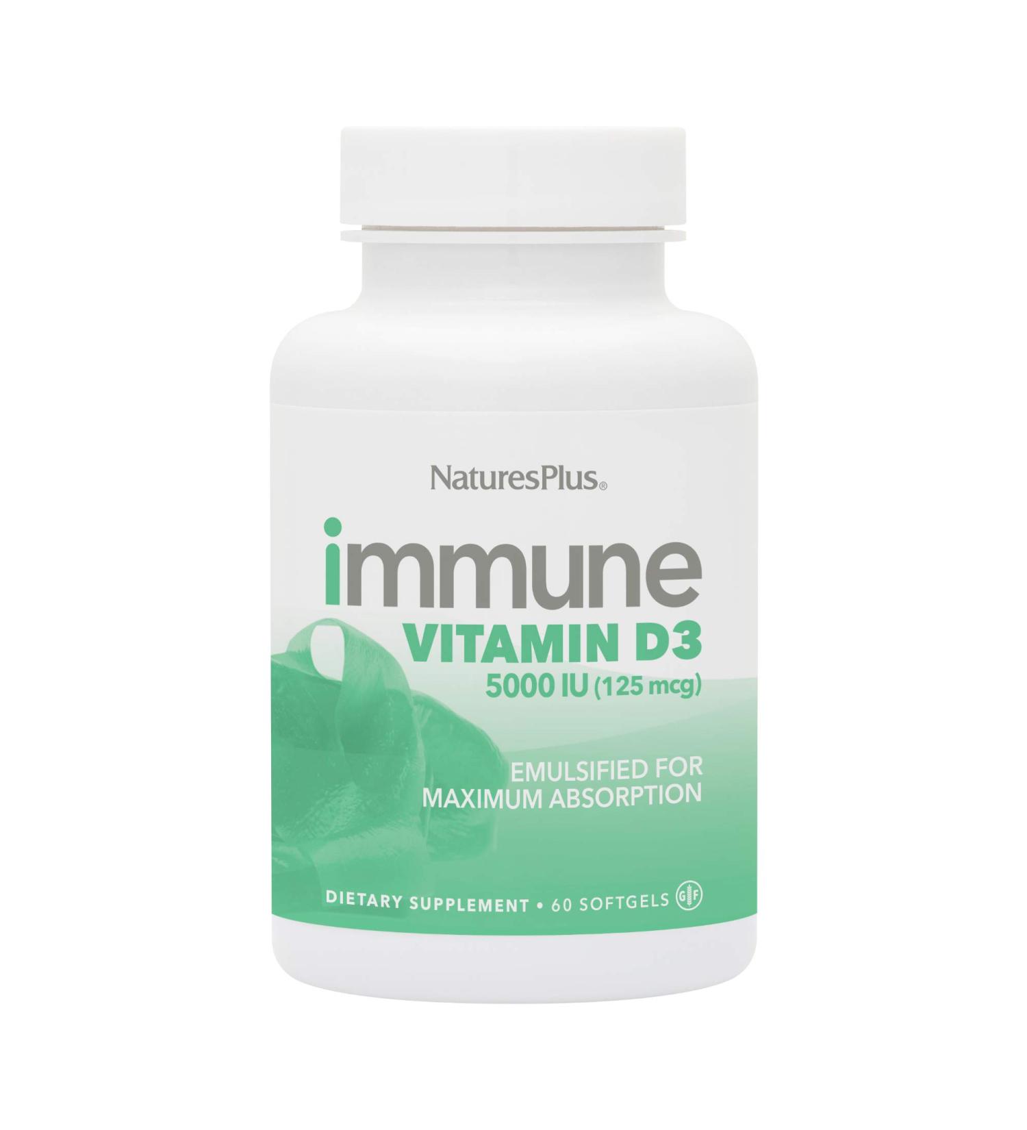 Nature's Plus Immune Vitamin D3 125 mcg (5000 IU) - 60 Softgels for Immune Support - Buy Online on GoSupps.com