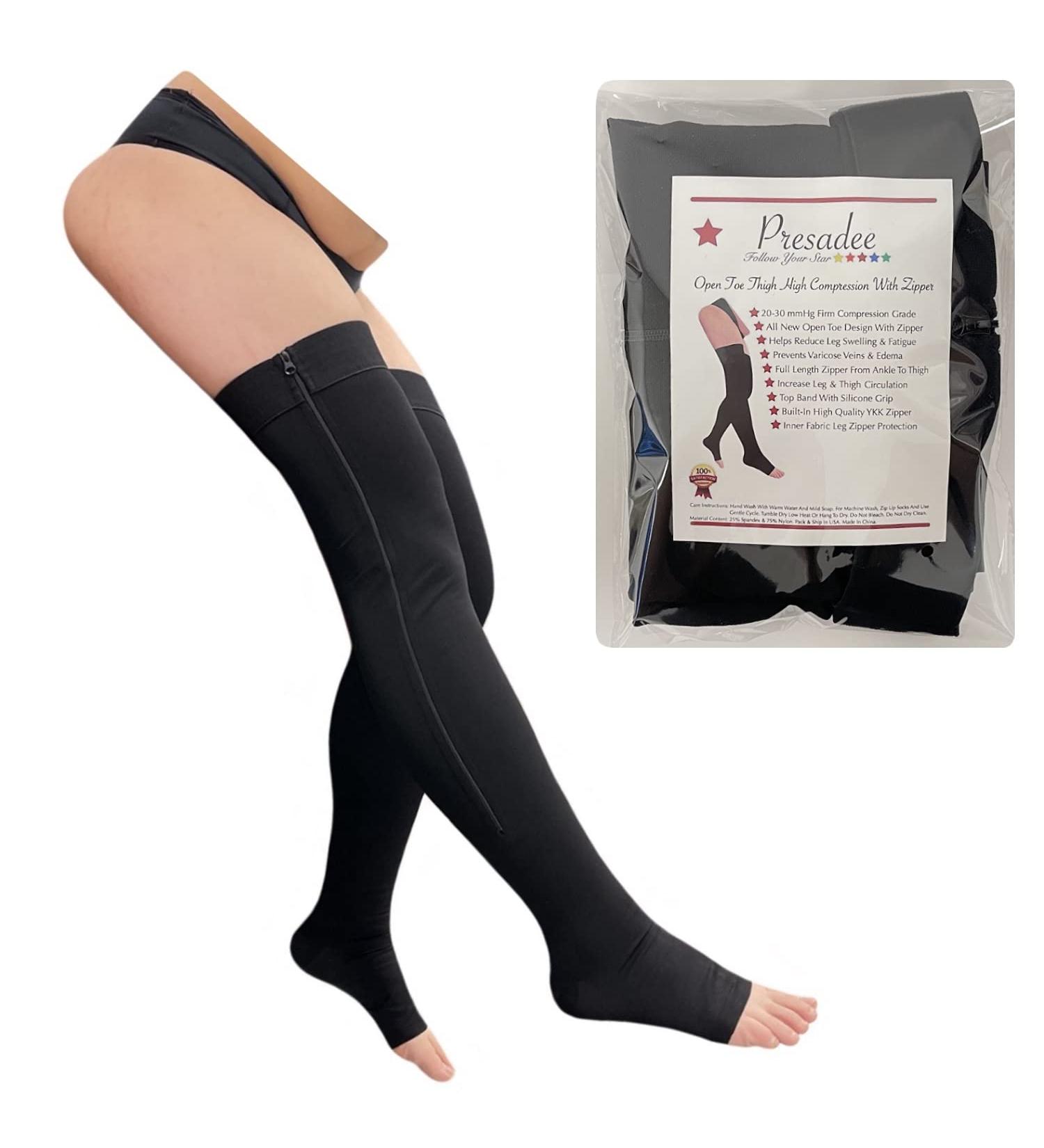 Presadee Thigh High Open Toe Compression Leg Sleeve with YKK Zipper - 20-30 mmHg Firm Compression (Black, Size 0) - Buy Online on GoSupps.com