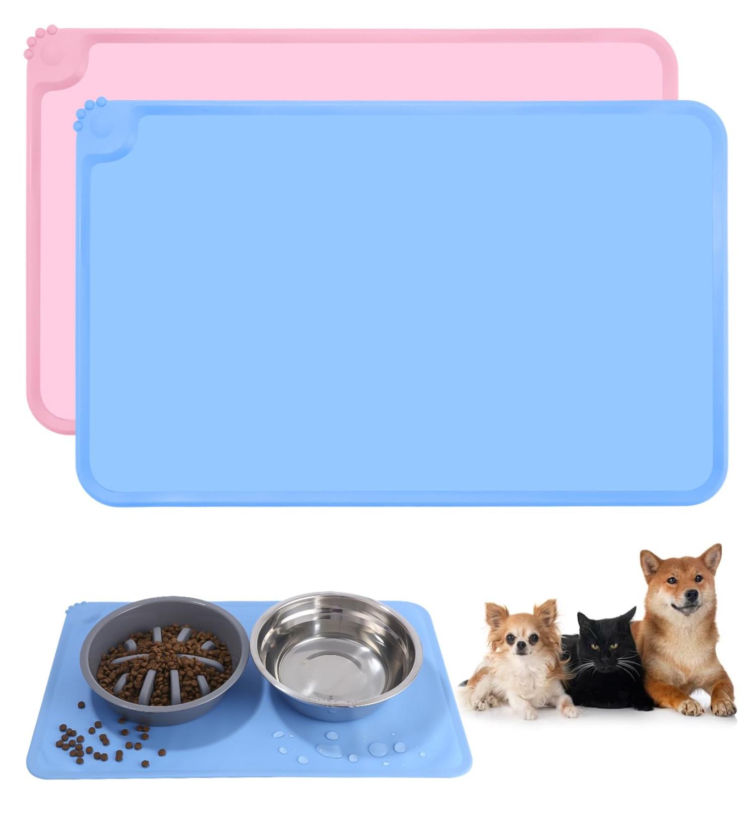 Waterproof Non-Slip Silicone Pet Feeding Mat Set - 2-Part Bowl Pads for Dogs & Cats (Pink & Blue 48x30cm) - Anti-Slip Underlay for Feeding Areas - Buy Online on GoSupps.com