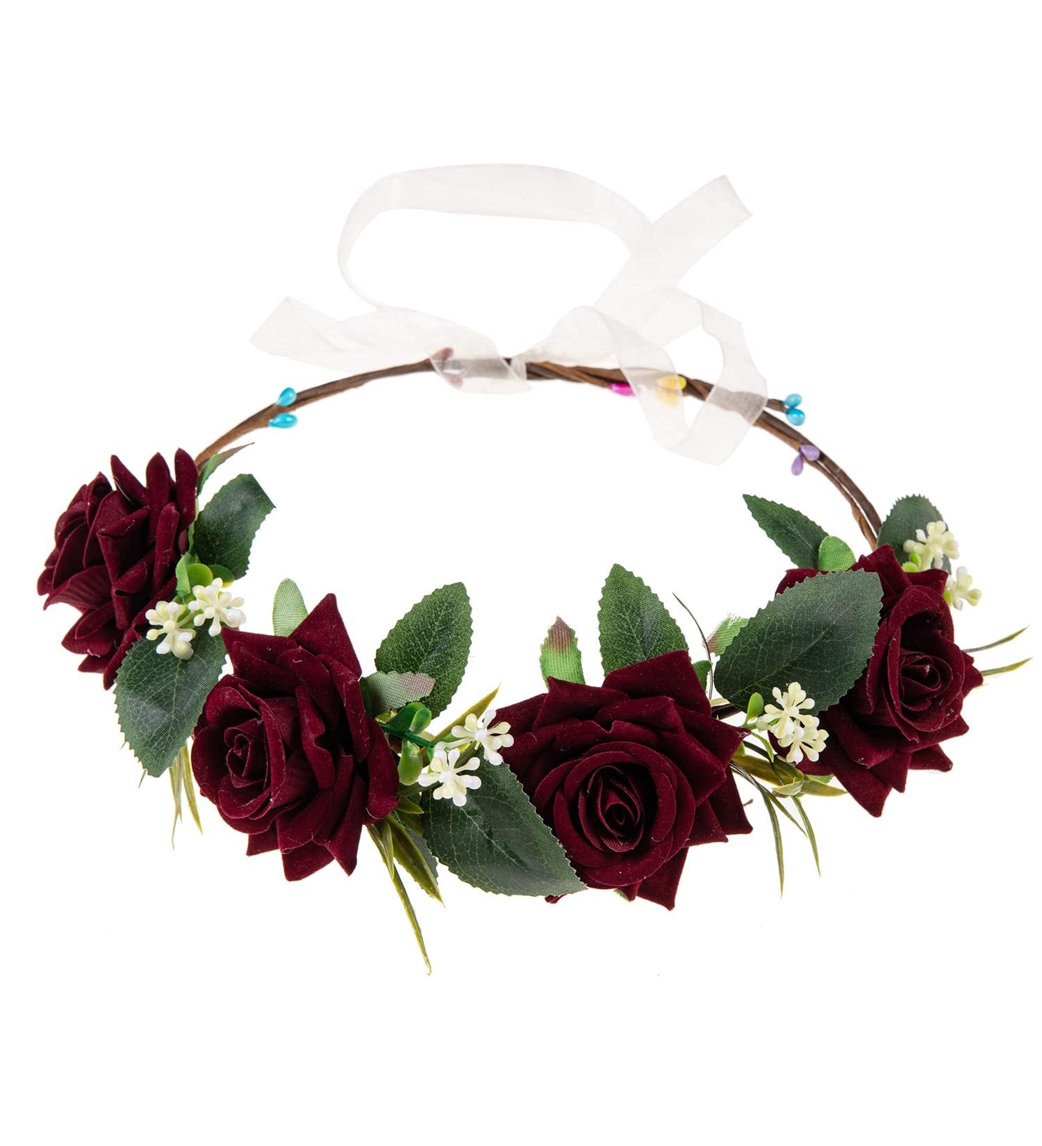 Funsveta Burgundy Rose Floral Crown Wreath Wedding Headband for Women and Girls - Buy Online on GoSupps.com